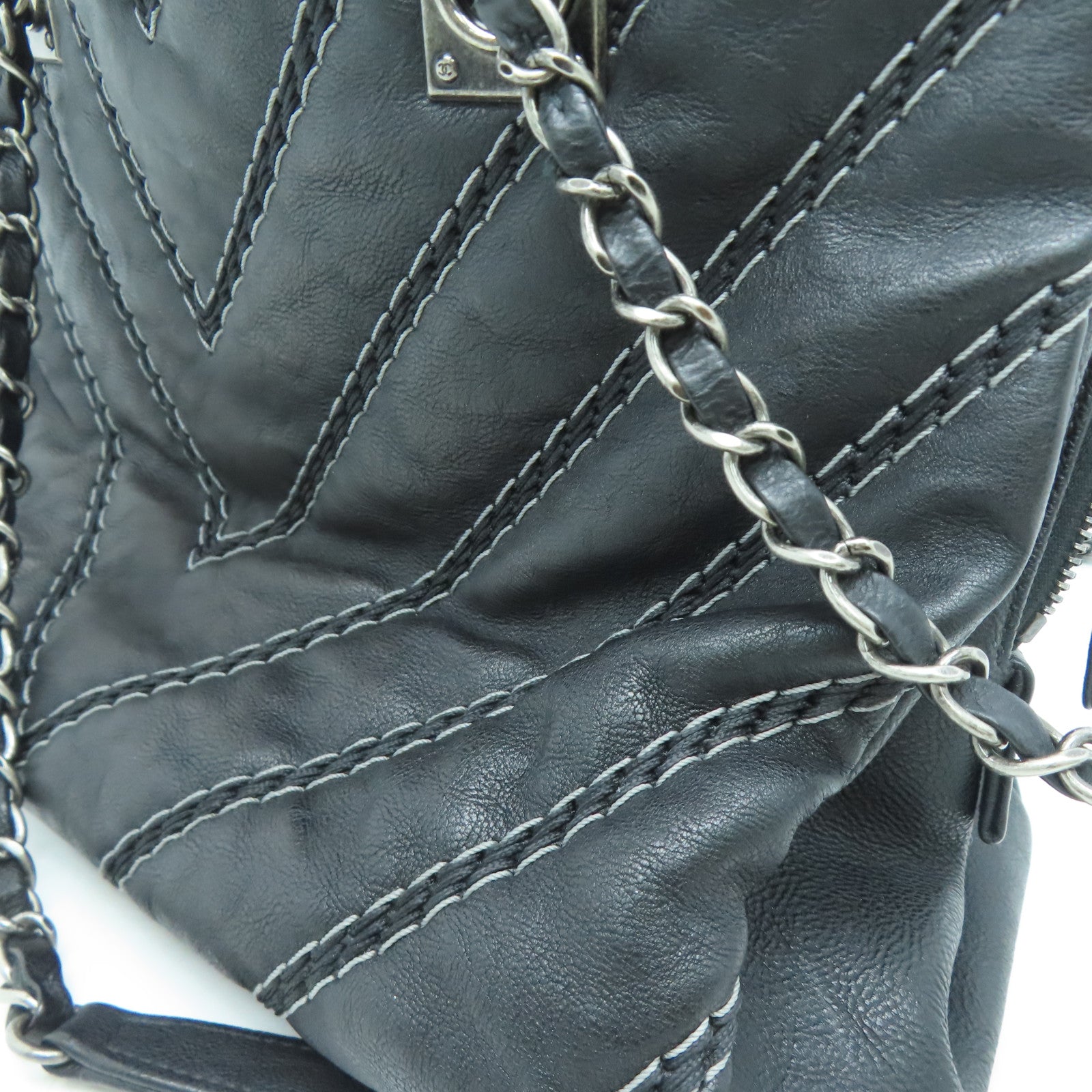 CHANEL [Sharp Discount] Twill Cowhide Leather 2 Way Shoulder Silver Buckle Handle Shoulder Back Dual-purpose Bag Black