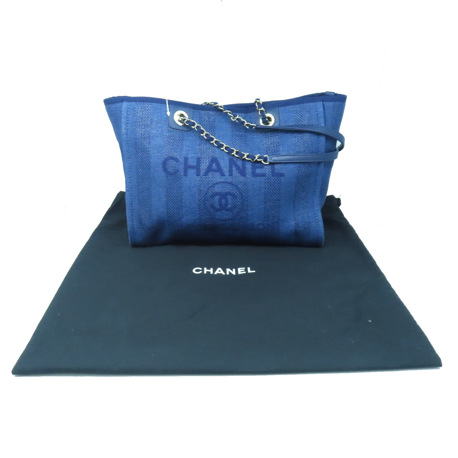 CHANEL 帆布Deauville Tote金扣鏈帶肩背袋藍色