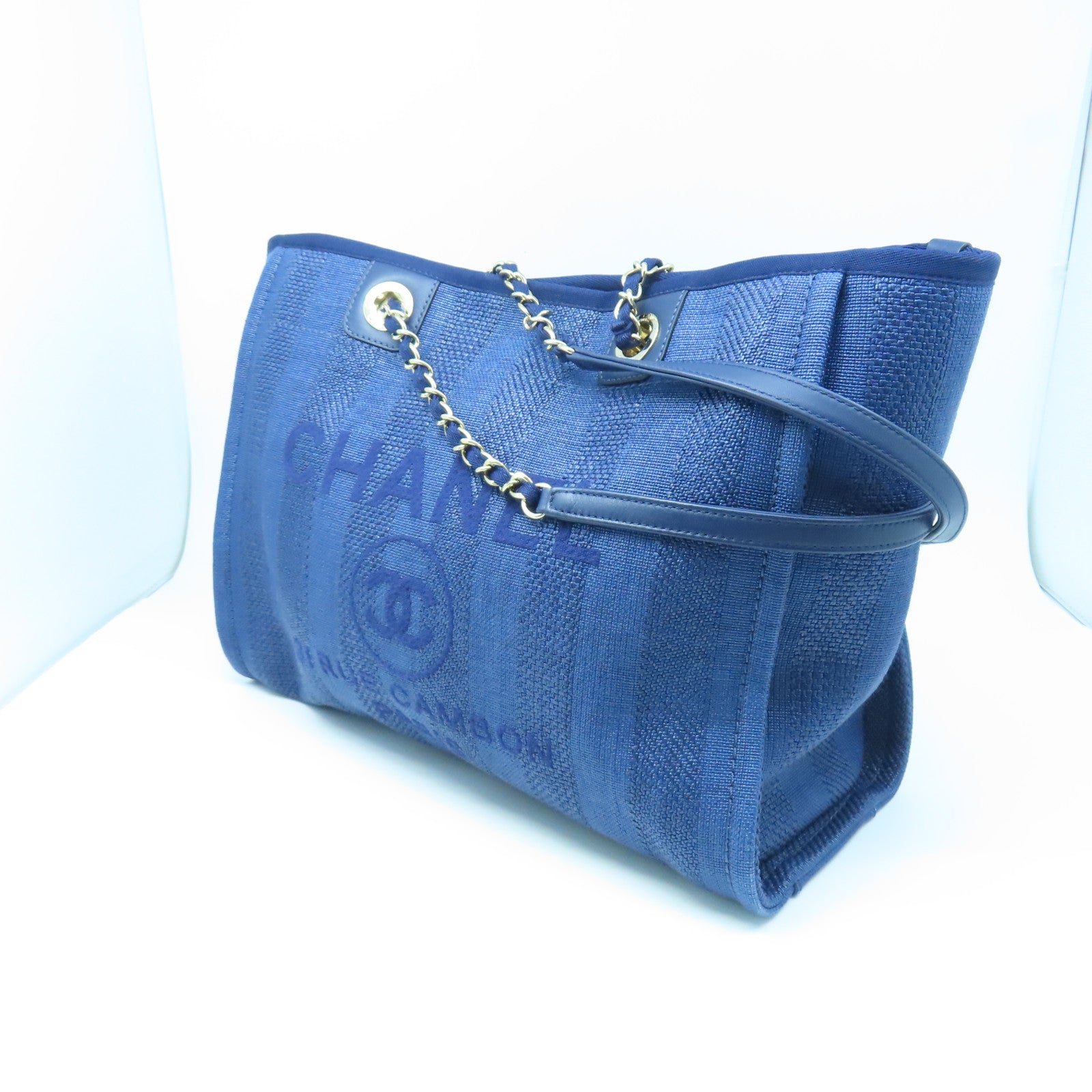 CHANEL 帆布Deauville Tote金扣鏈帶肩背袋藍色