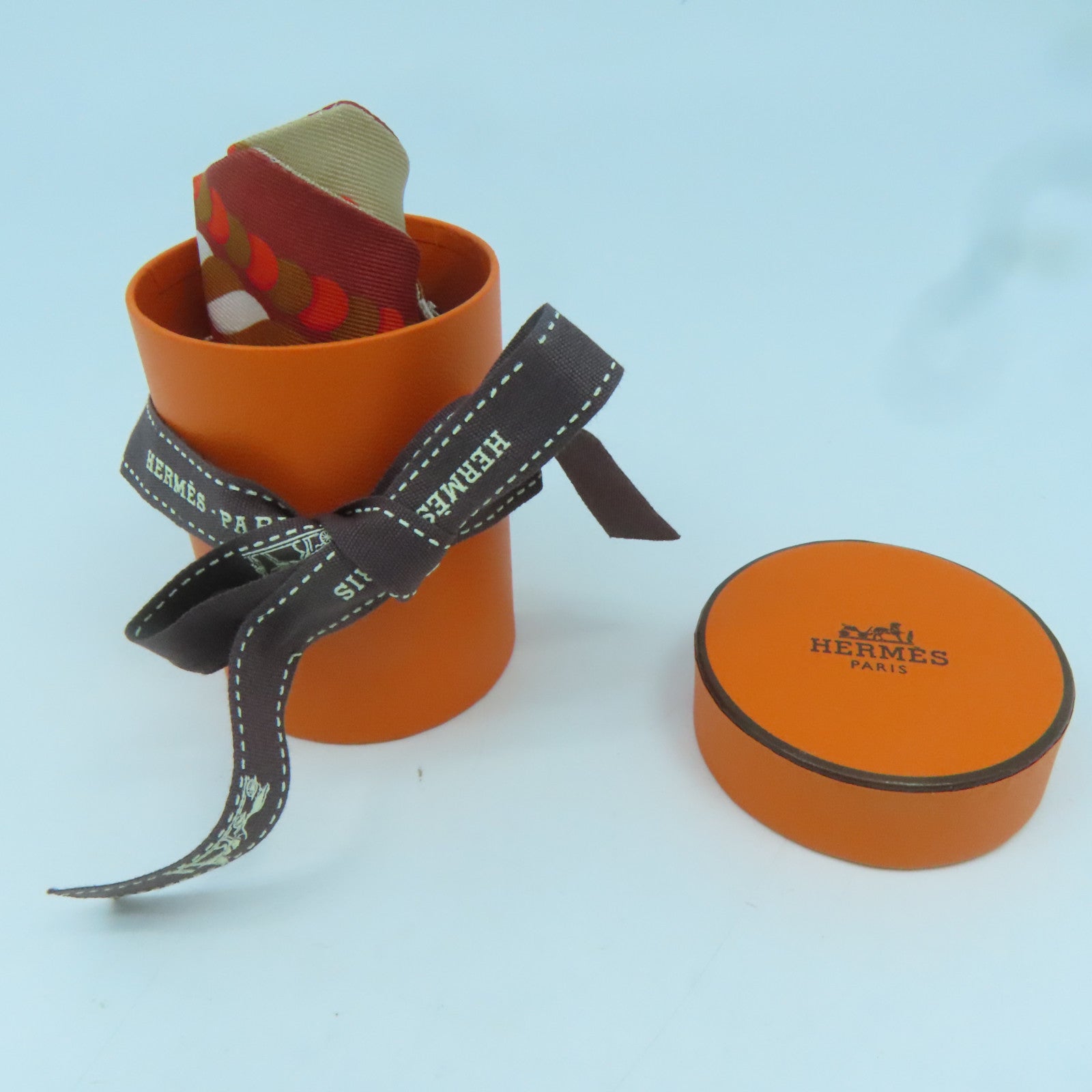 HERMES 絲質Twilly絲巾粉紅色/啡色/米色