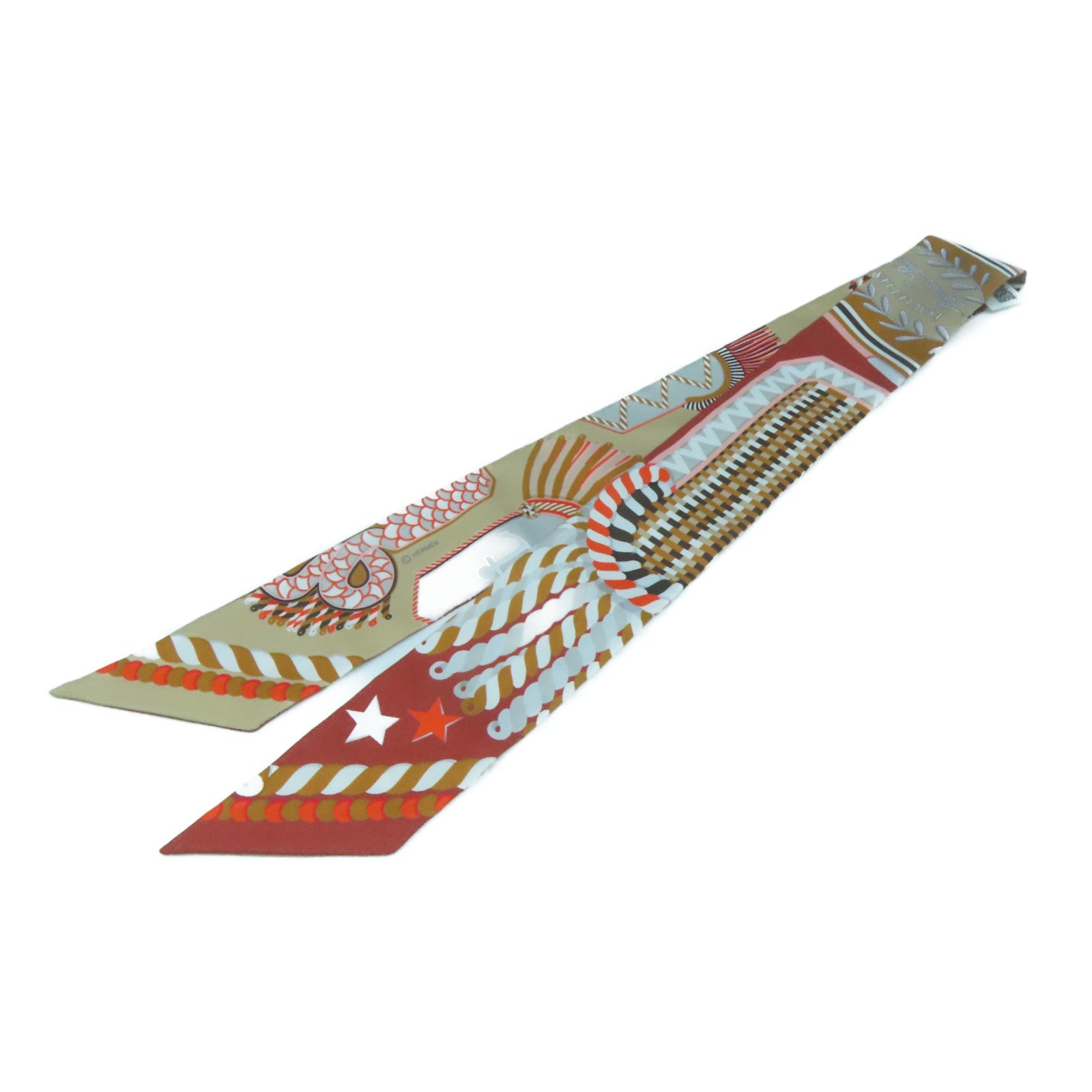 HERMES 絲質Twilly絲巾粉紅色/啡色/米色