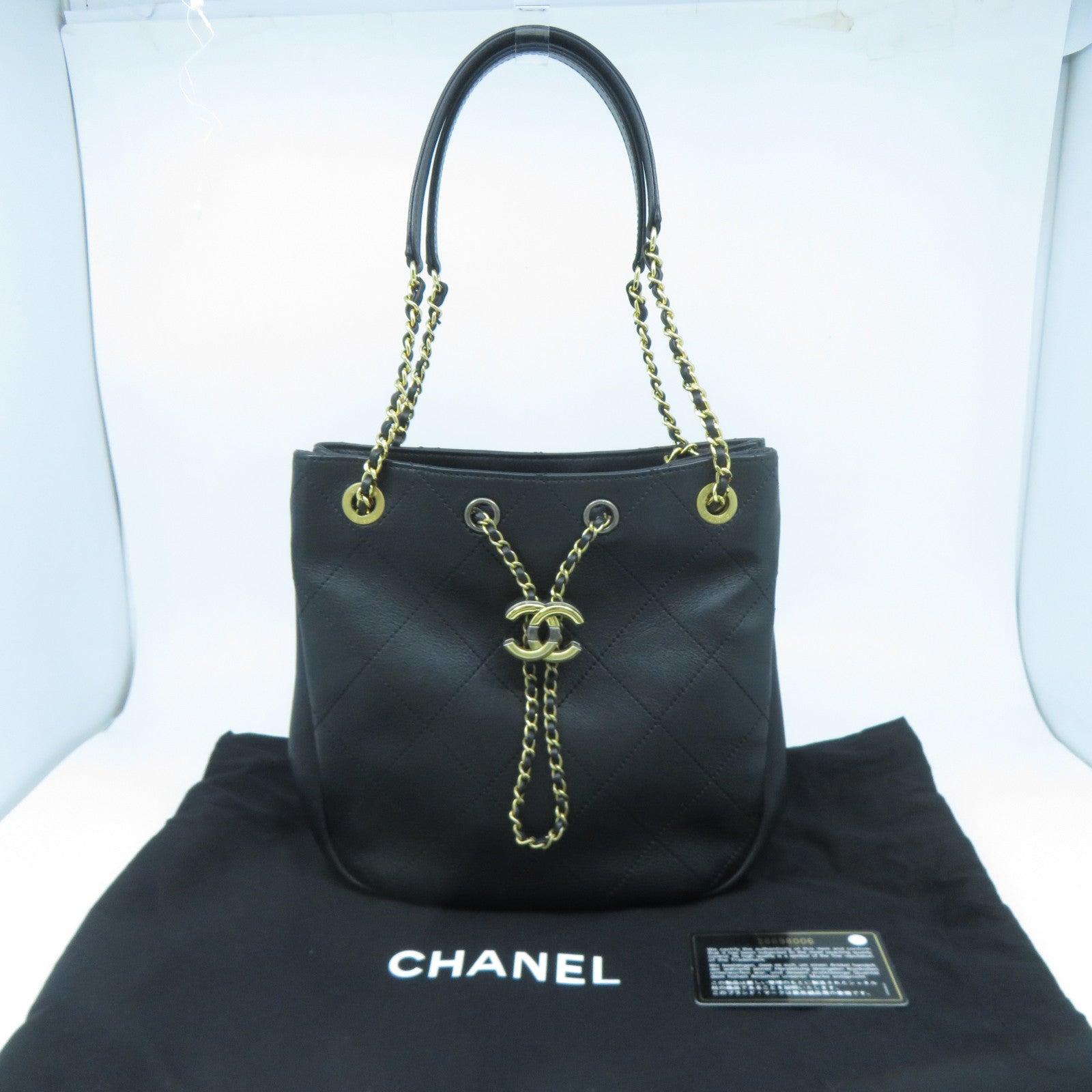 CHANEL 菱格牛皮皮革Chain Shoulder Bag金扣鏈帶肩背袋黑色