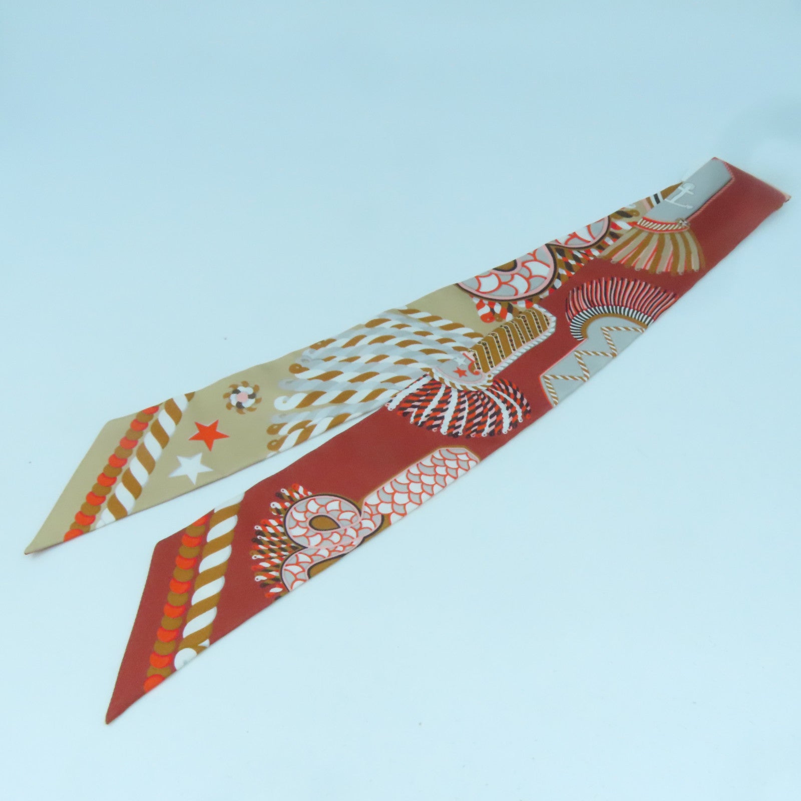 HERMES 絲質Twilly絲巾粉紅色/啡色/米色