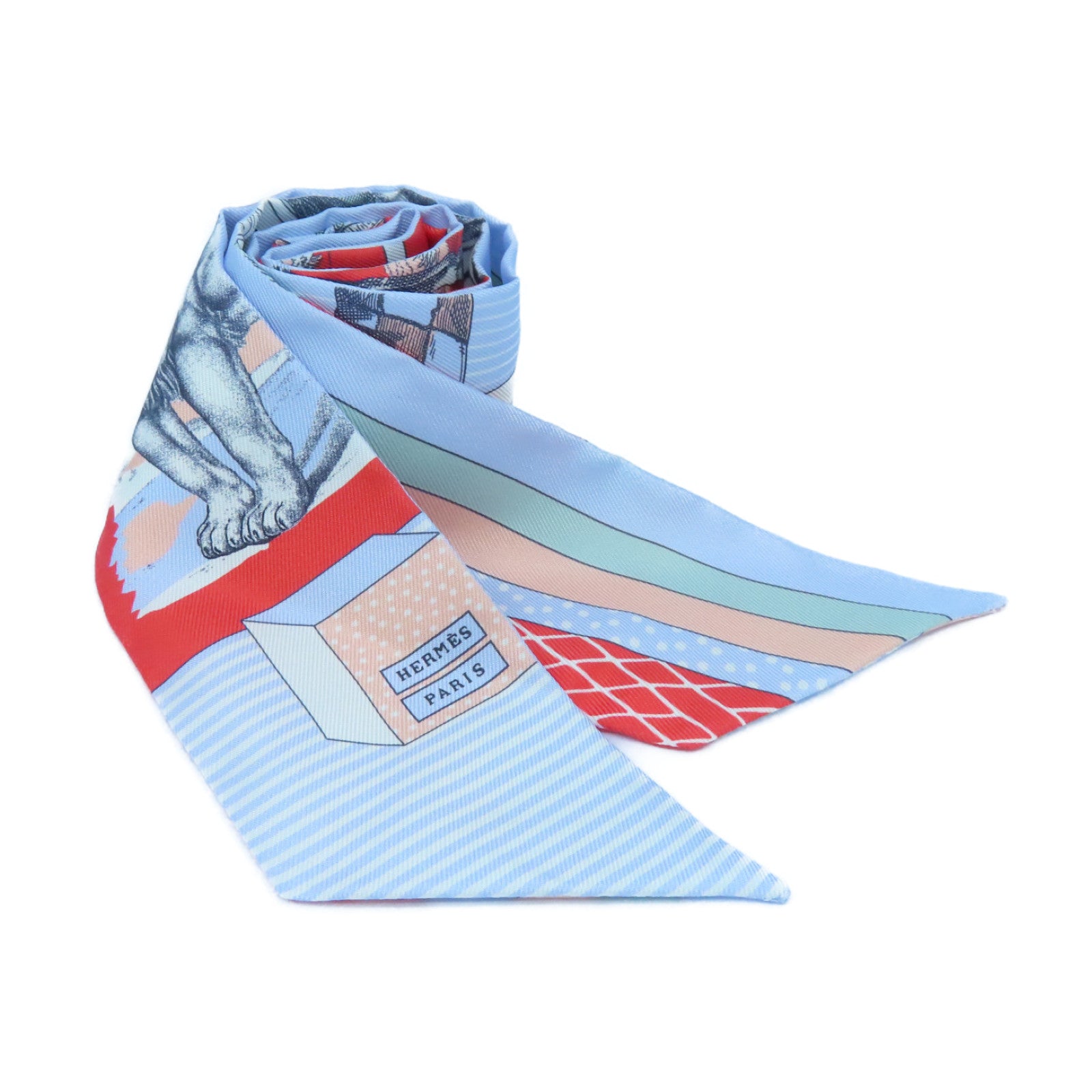 HERMES Silk Twilly Scarf Light Blue/Pink/Red