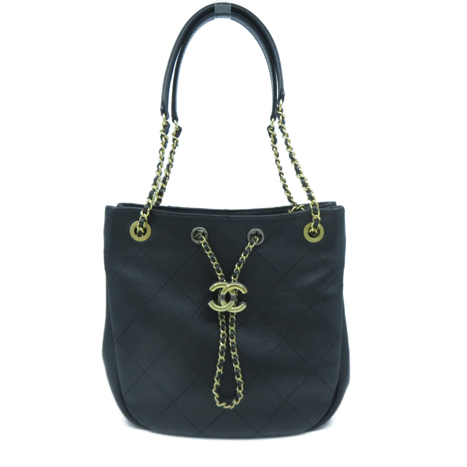 CHANEL 菱格牛皮皮革Chain Shoulder Bag金扣鏈帶肩背袋黑色