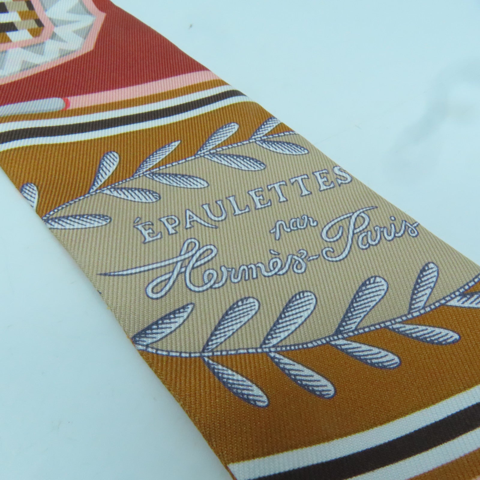 HERMES 絲質Twilly絲巾粉紅色/啡色/米色