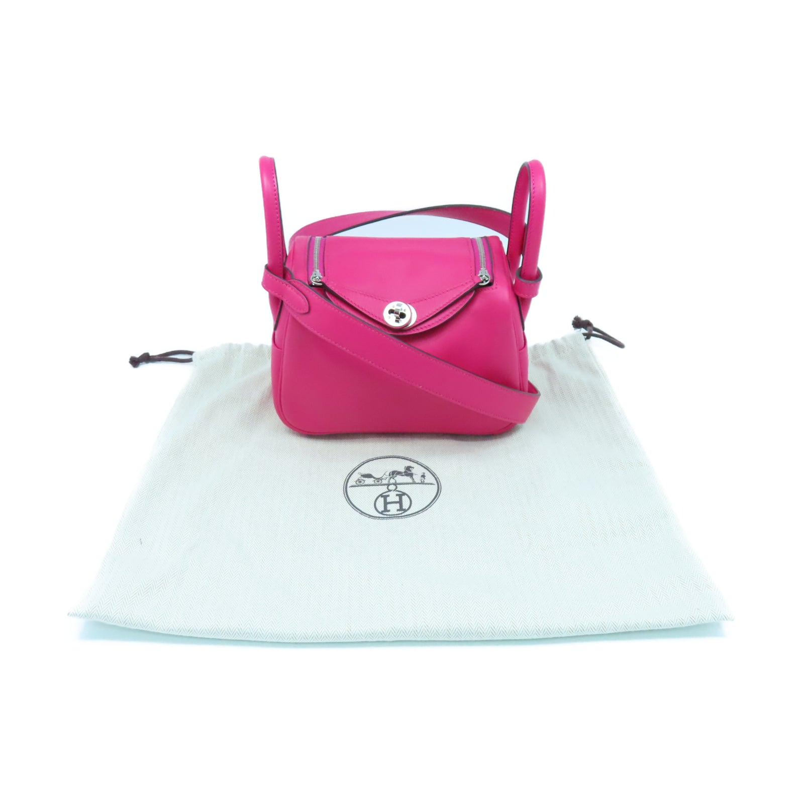 HERMES Veau Swift皮革Mini Lindy銀扣手挽肩背兩用袋粉紅色