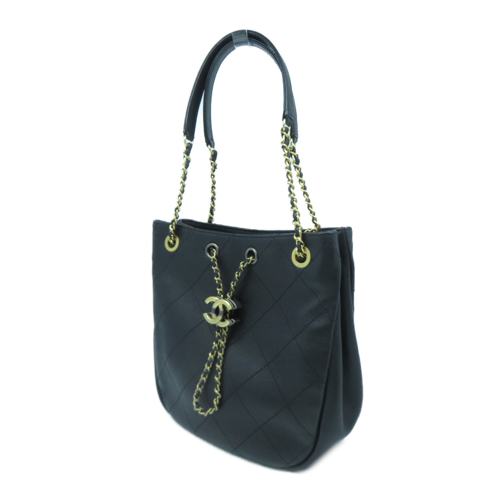 CHANEL 菱格牛皮皮革Chain Shoulder Bag金扣鏈帶肩背袋黑色