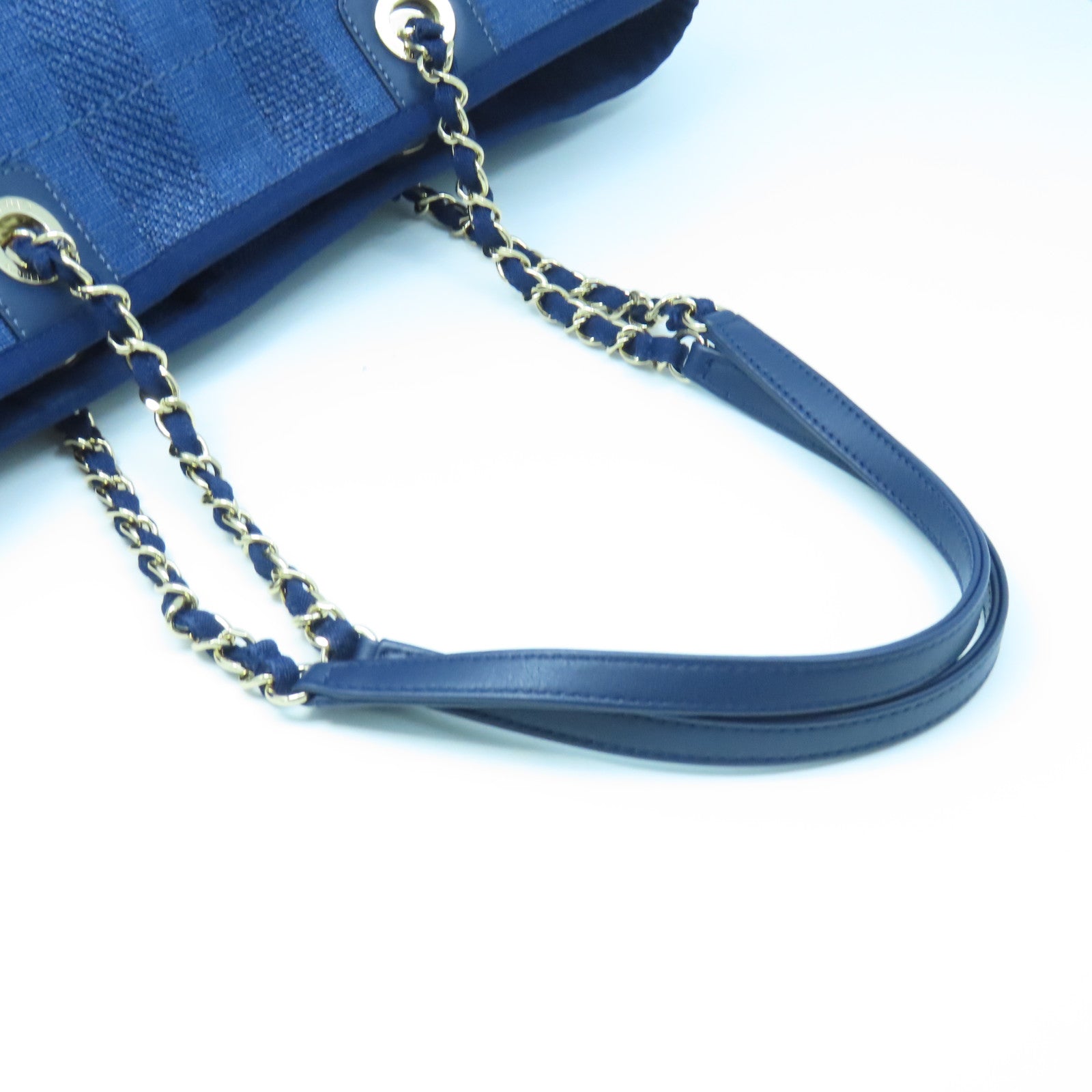 CHANEL 帆布Deauville Tote金扣鏈帶肩背袋藍色