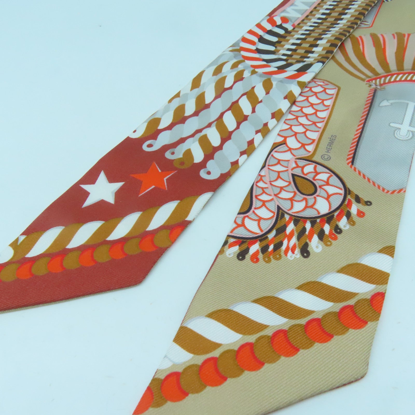 HERMES 絲質Twilly絲巾粉紅色/啡色/米色