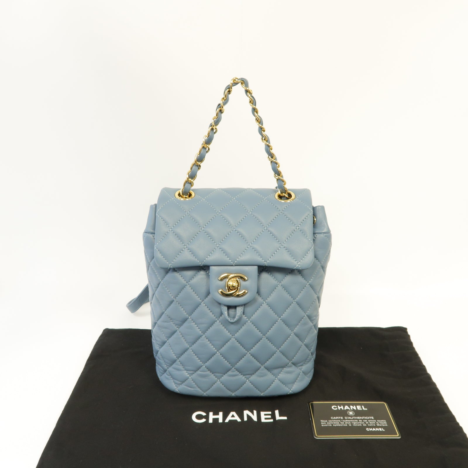 CHANEL 菱格牛皮皮革Backpack金扣背包藍色