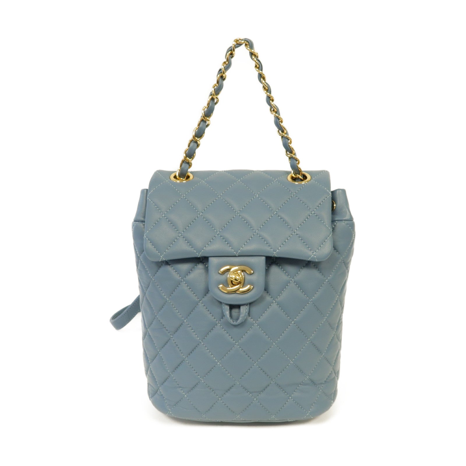 CHANEL 菱格牛皮皮革Backpack金扣背包藍色
