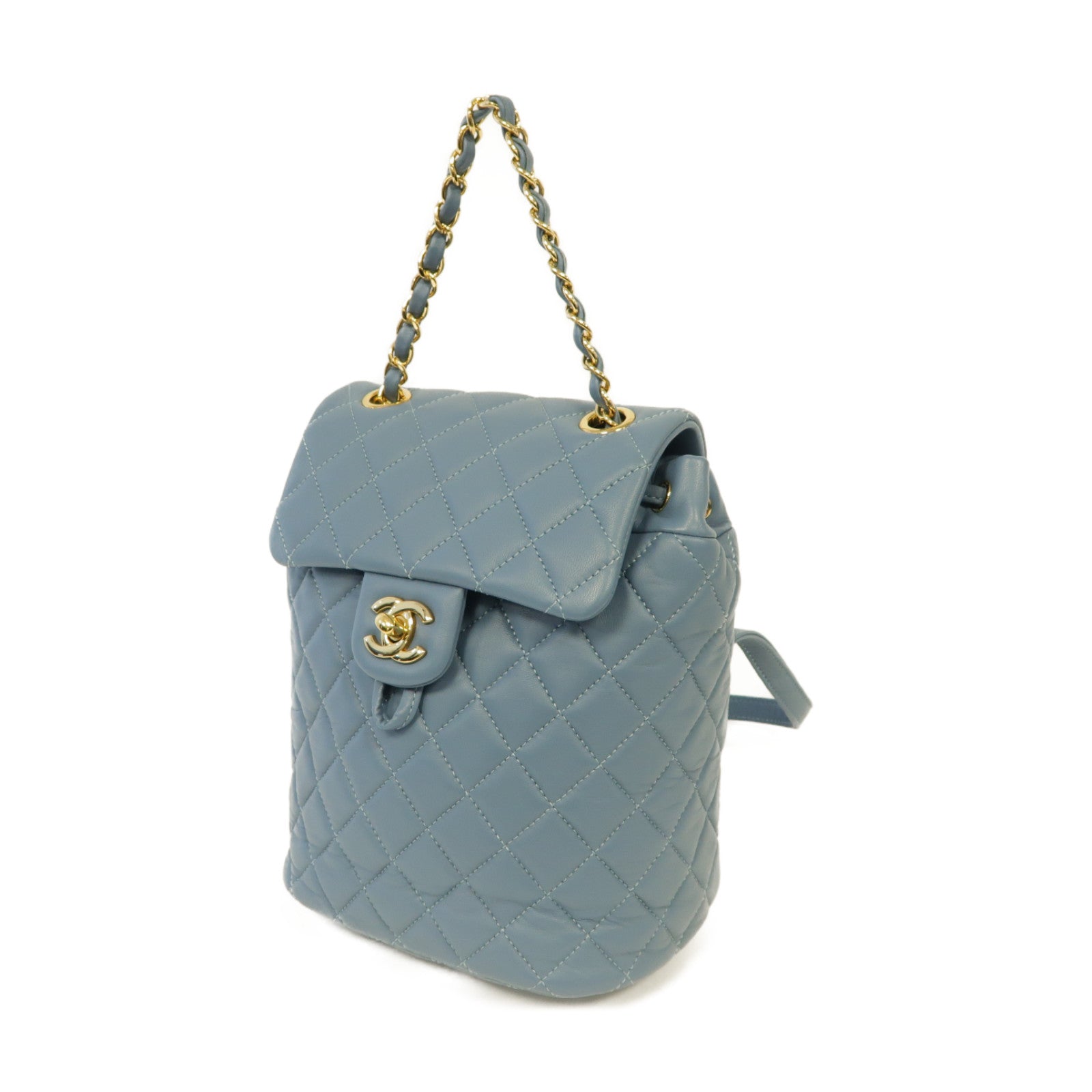 CHANEL 菱格牛皮皮革Backpack金扣背包藍色