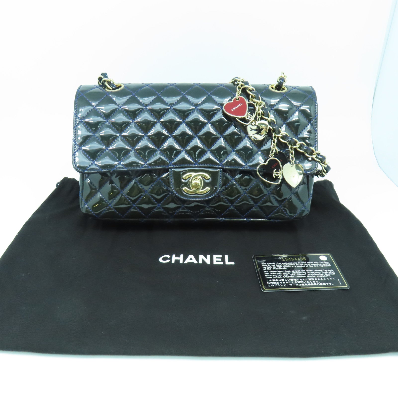 CHANEL 菱格漆皮皮革Chain Shoulder金扣鏈帶肩背袋深藍色