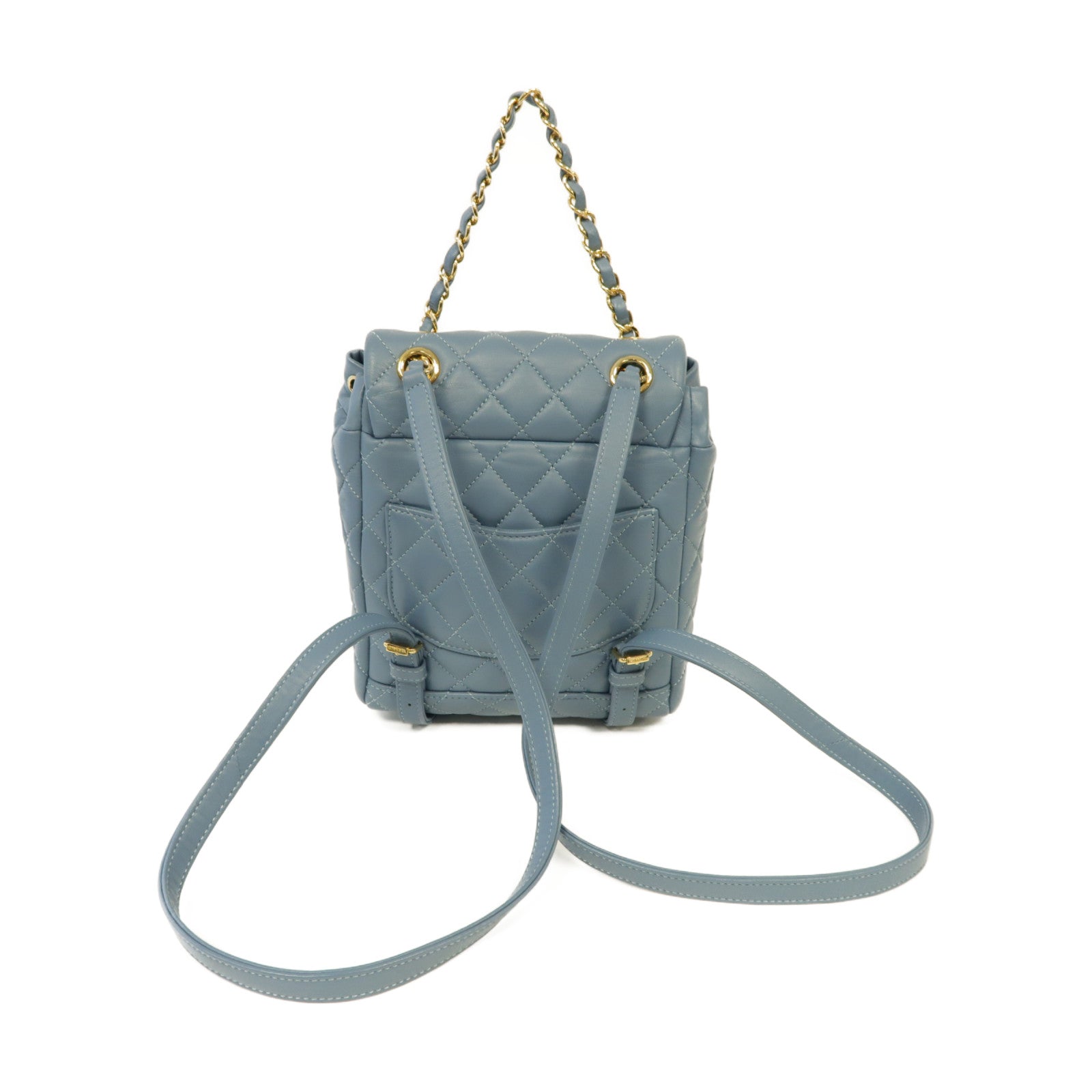 CHANEL 菱格牛皮皮革Backpack金扣背包藍色