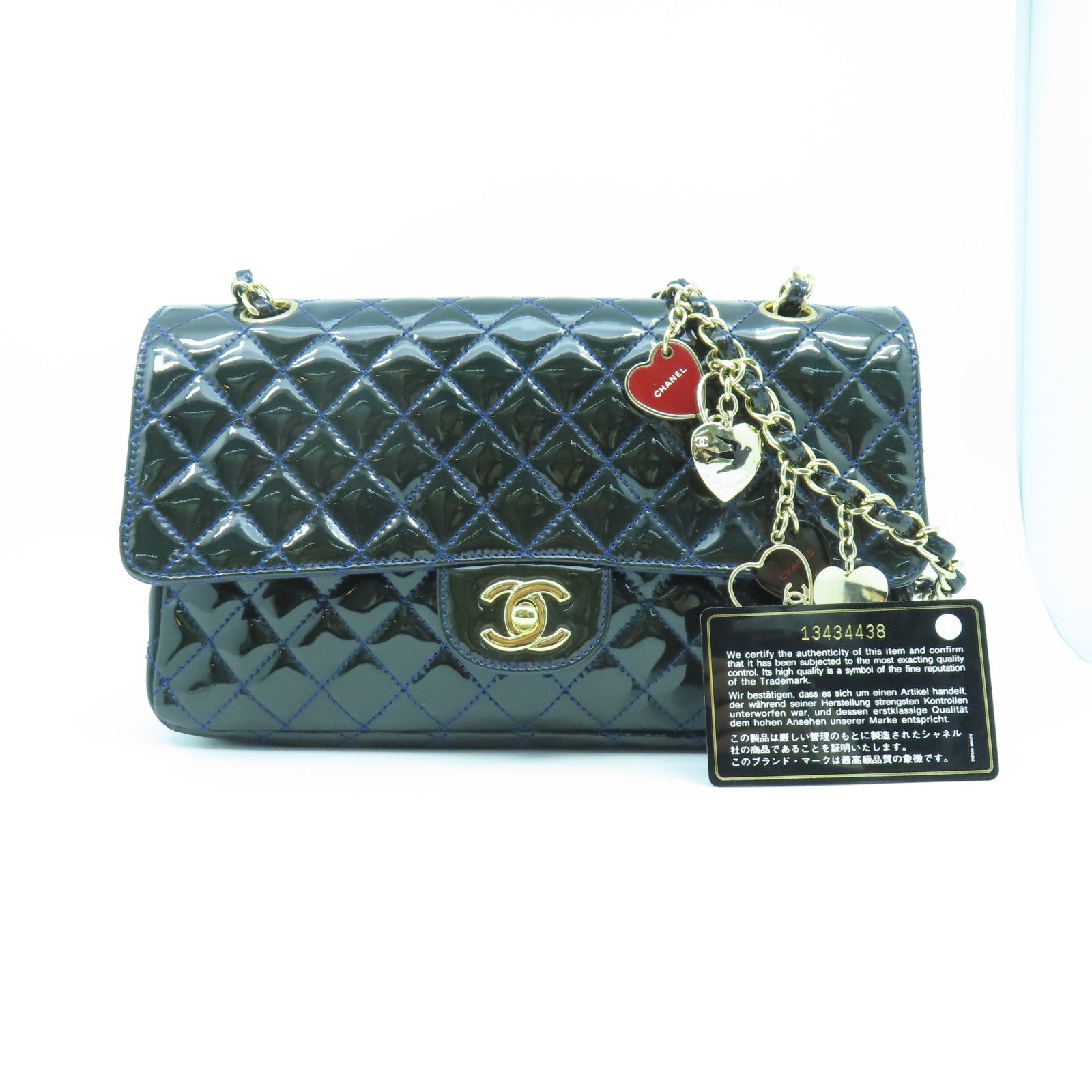 CHANEL 菱格漆皮皮革Chain Shoulder金扣鏈帶肩背袋深藍色