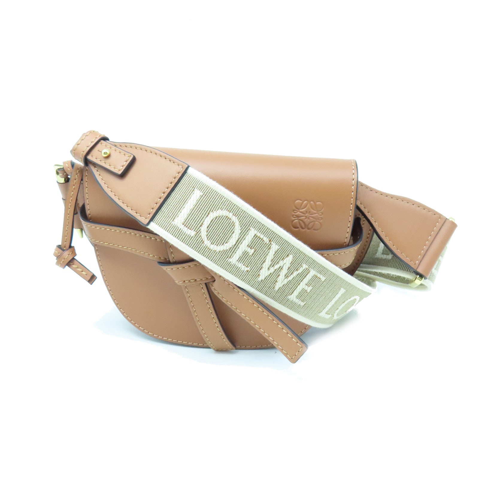 LOEWE Cowhide Leather Mini Gate Dual Bag Gold Buckle Shoulder Bag Brown
