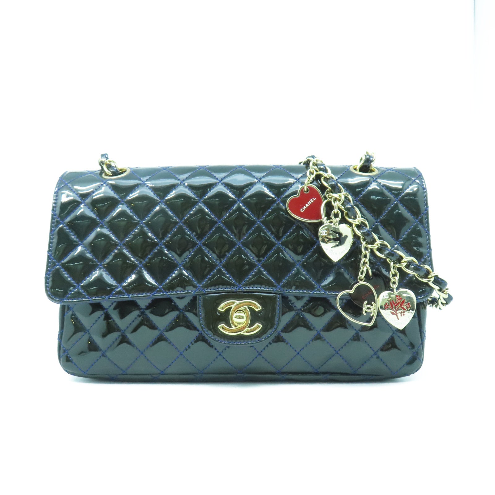 CHANEL 菱格漆皮皮革Chain Shoulder金扣鏈帶肩背袋深藍色