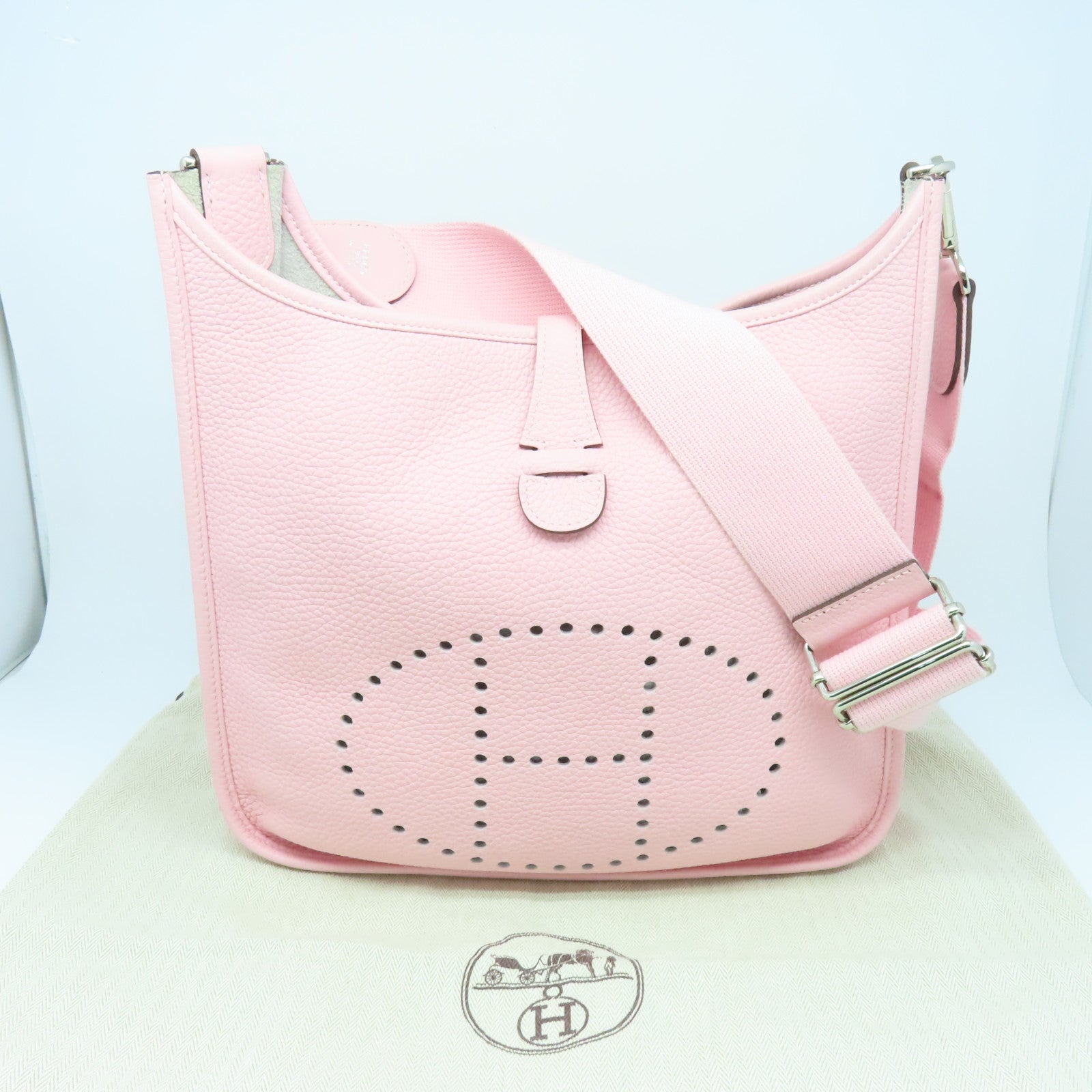HERMES Clemence皮革Evelyne PM銀扣肩背袋Sakura粉紅色
