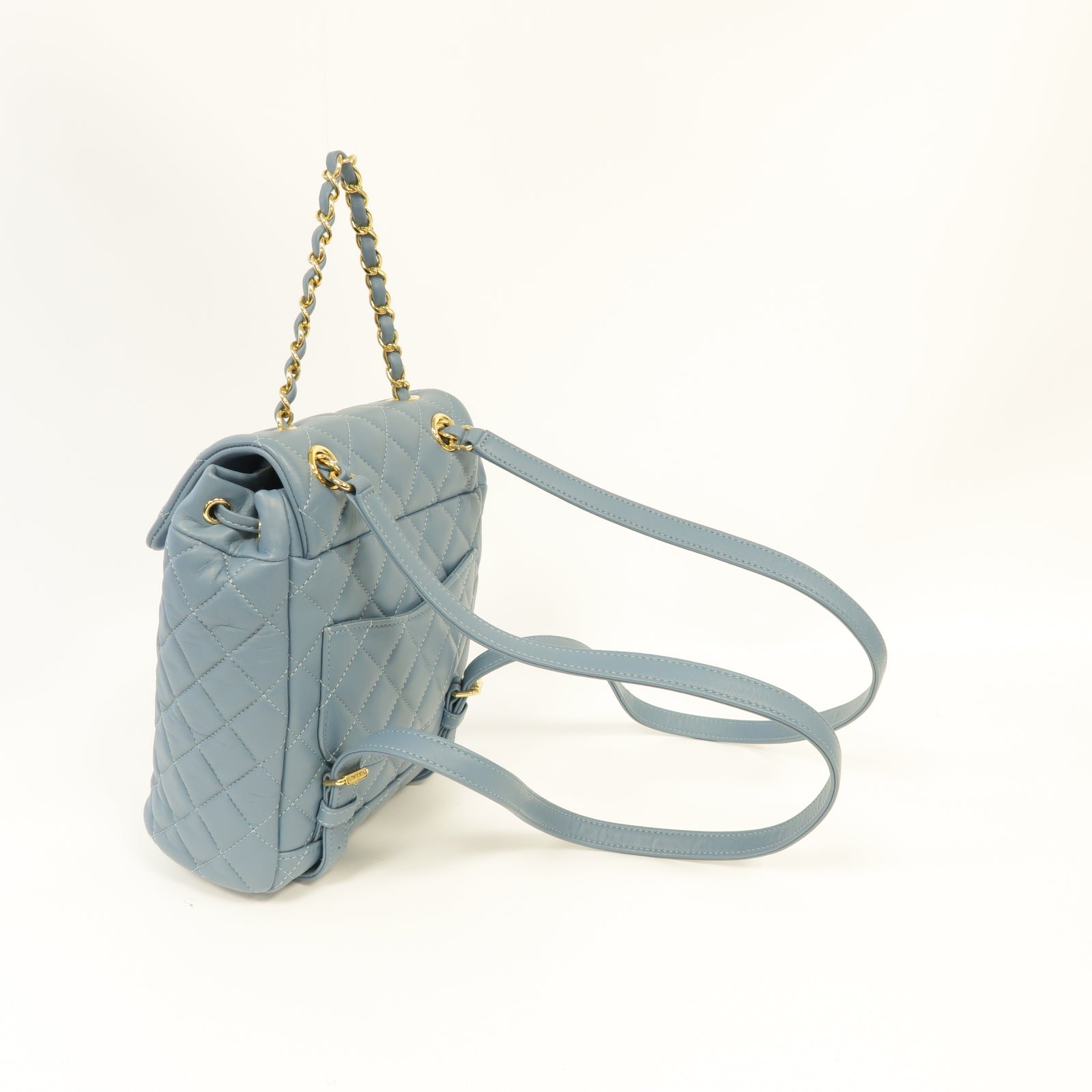 CHANEL 菱格牛皮皮革Backpack金扣背包藍色