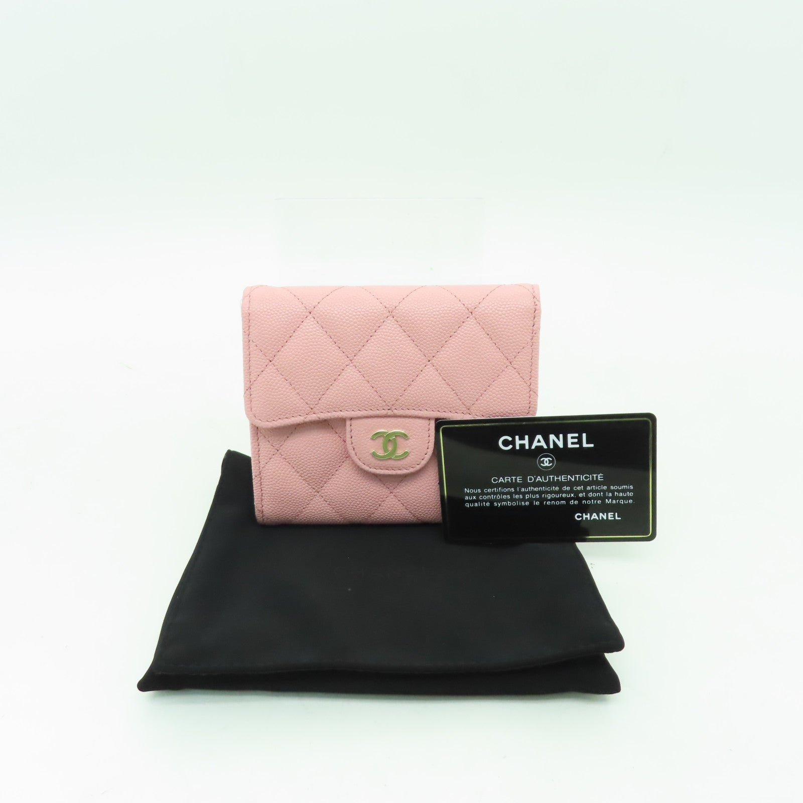 CHANEL Caviar皮革Wallet金扣錢包粉紅色