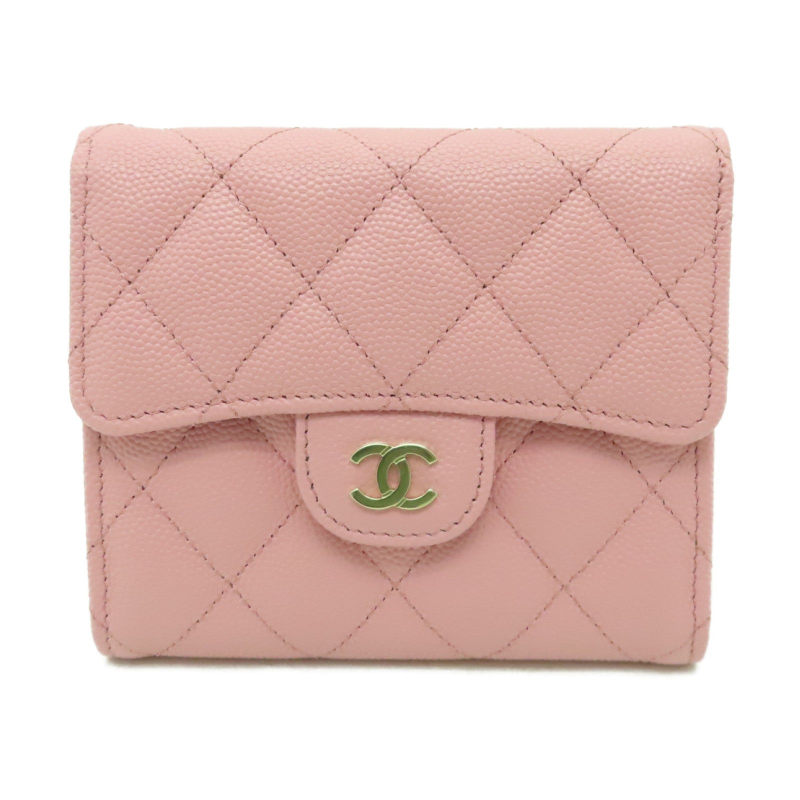 CHANEL Caviar皮革Wallet金扣錢包粉紅色
