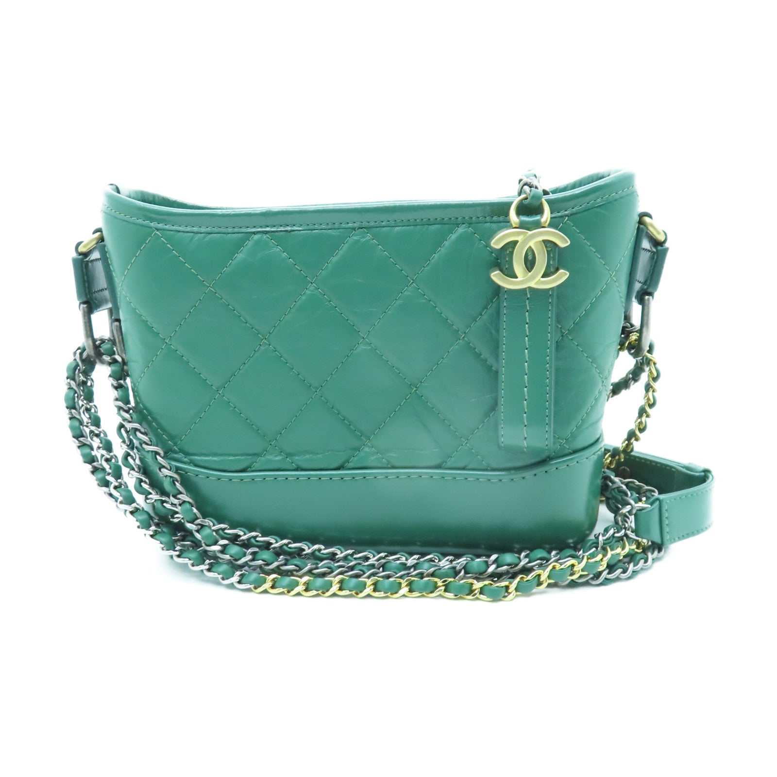 CHANEL 菱格Aged Calf皮革Small Gabrielle金银扣链带肩背袋绿色