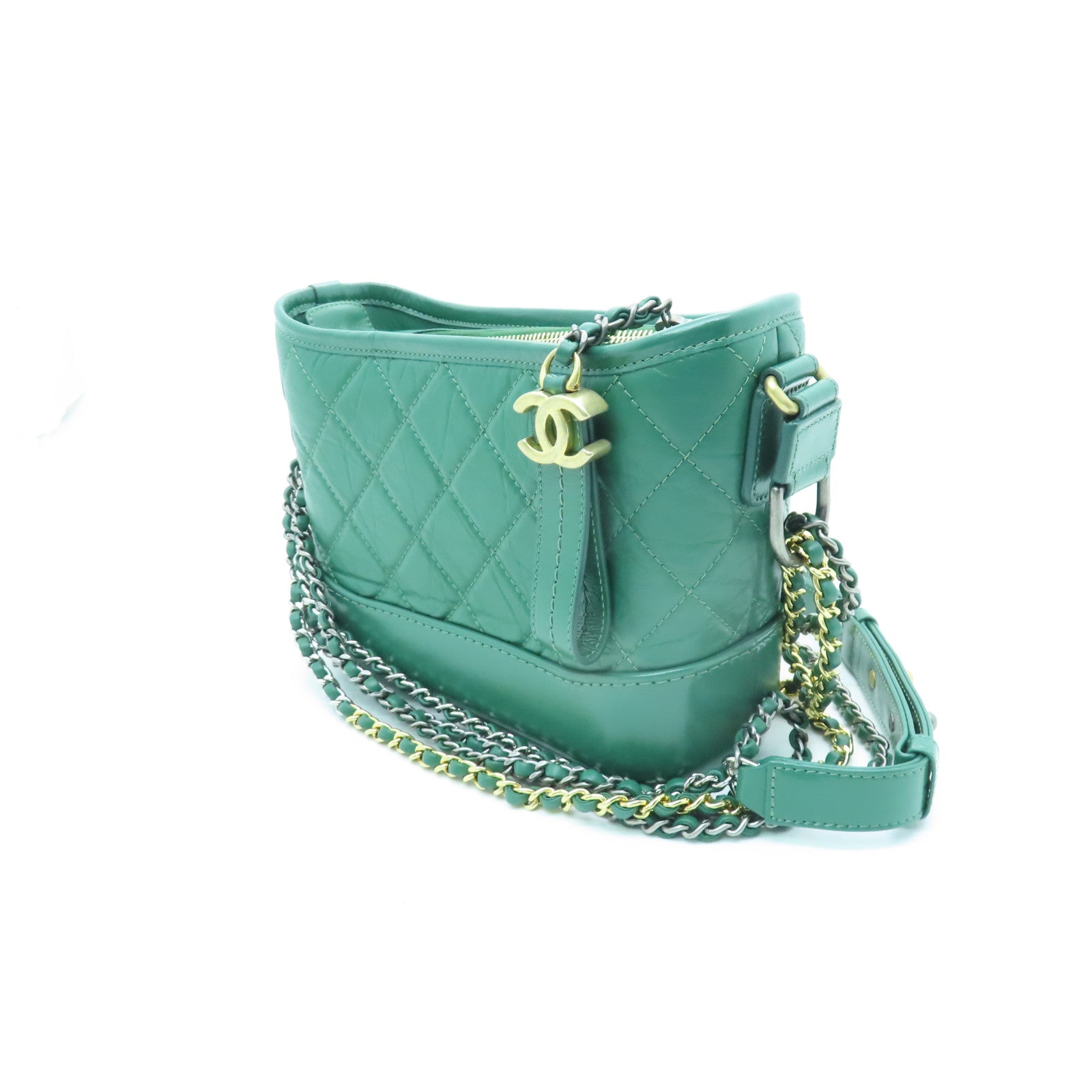 CHANEL 菱格Aged Calf皮革Small Gabrielle金银扣链带肩背袋绿色