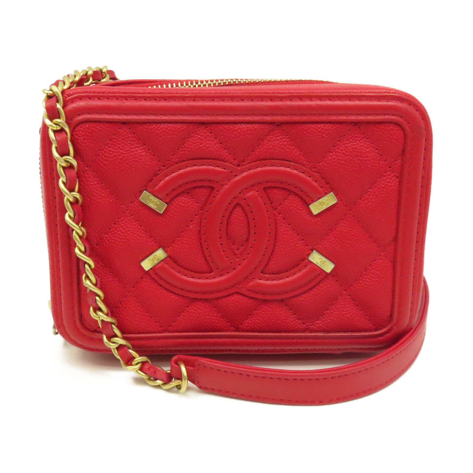 CHANEL 【激減優惠】菱格Caviar皮革Chain Shoulder Bag金扣鏈帶肩背袋紅色