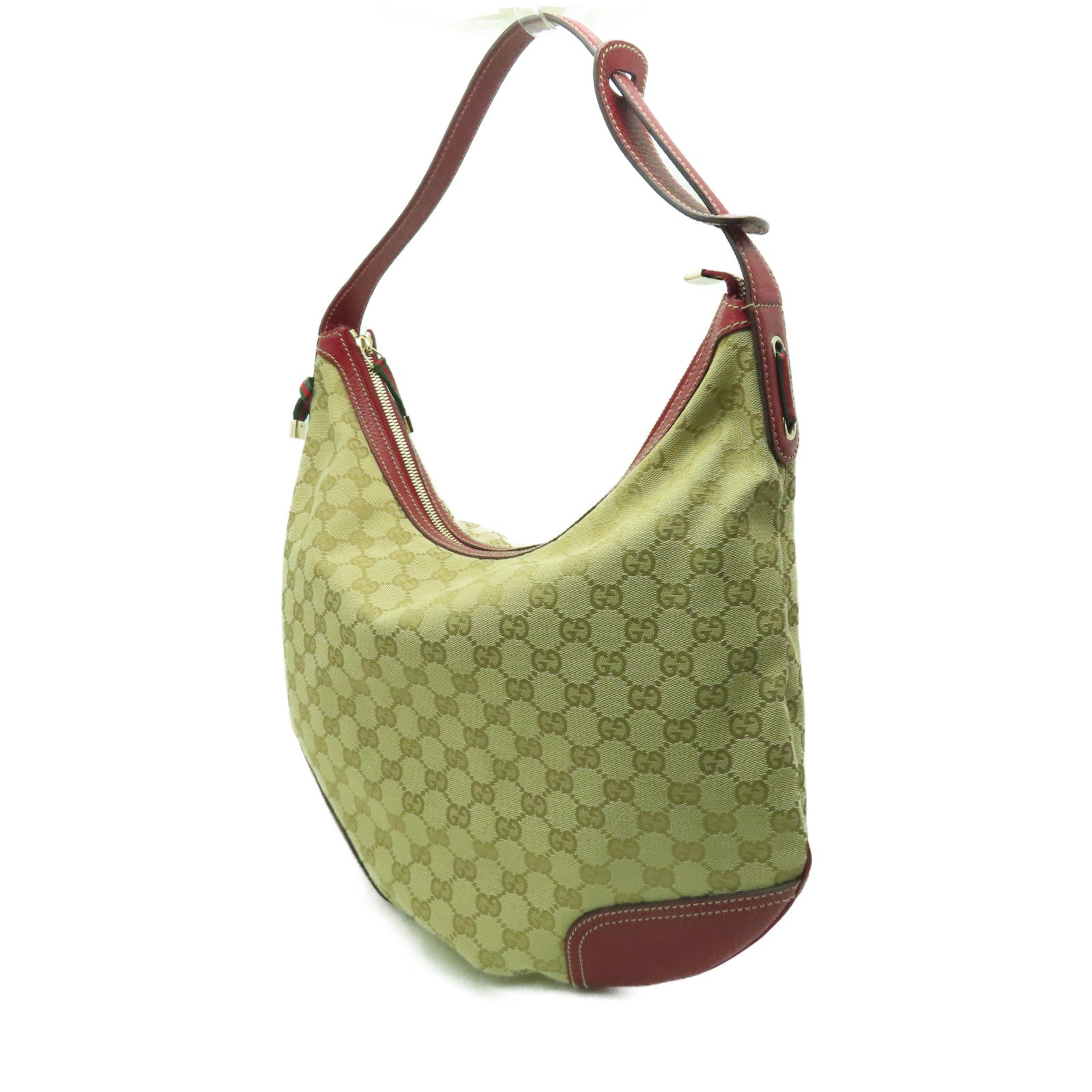 GUCCI 帆布Princy Hobo GG金扣肩背袋米色/紅色