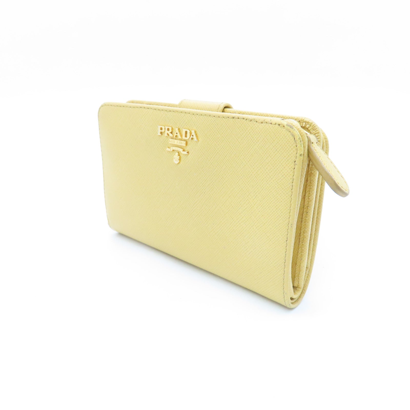 PRADA Calfskin Leather Wallet Gold Buckle Wallet Yellow