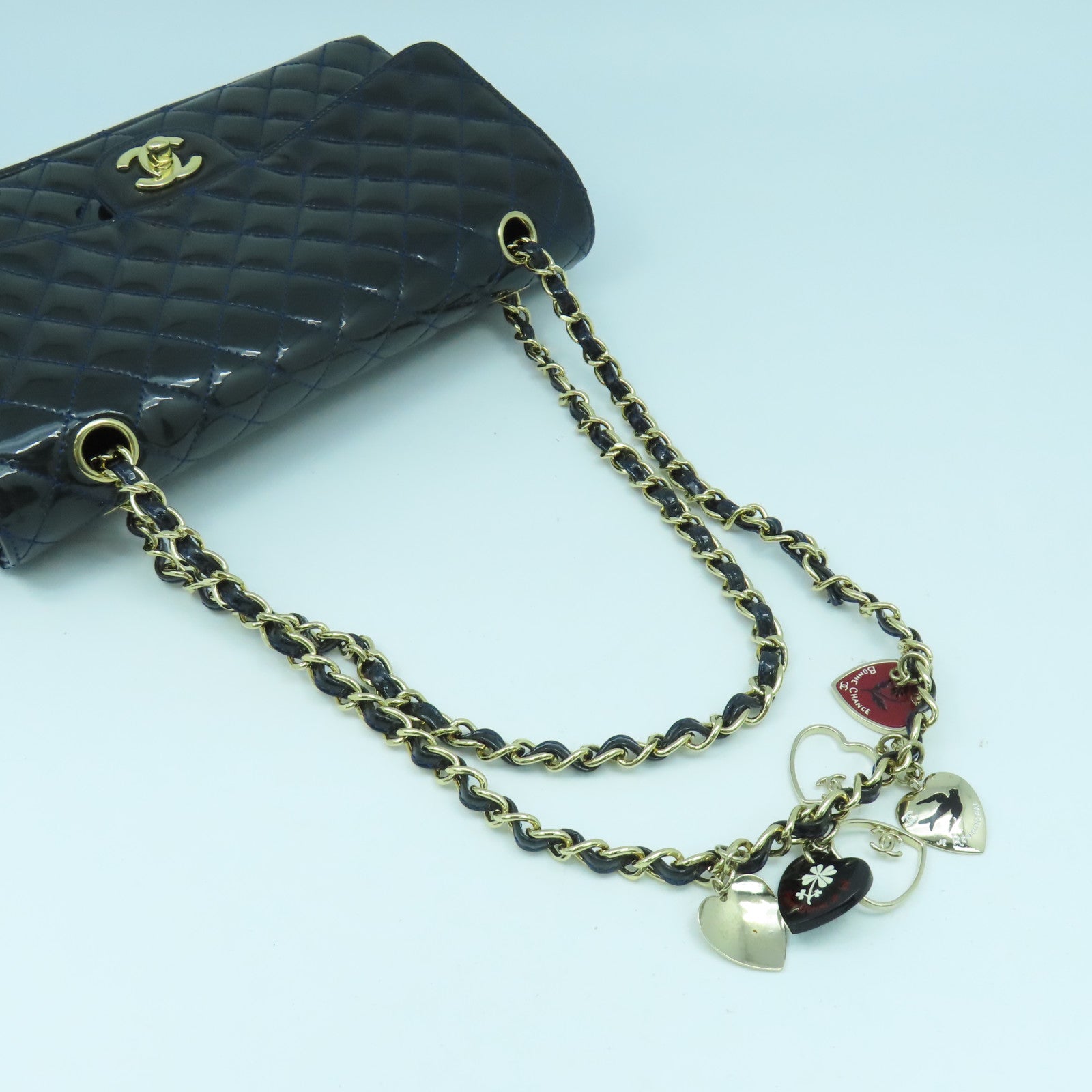 CHANEL 菱格漆皮皮革Chain Shoulder金扣鏈帶肩背袋深藍色