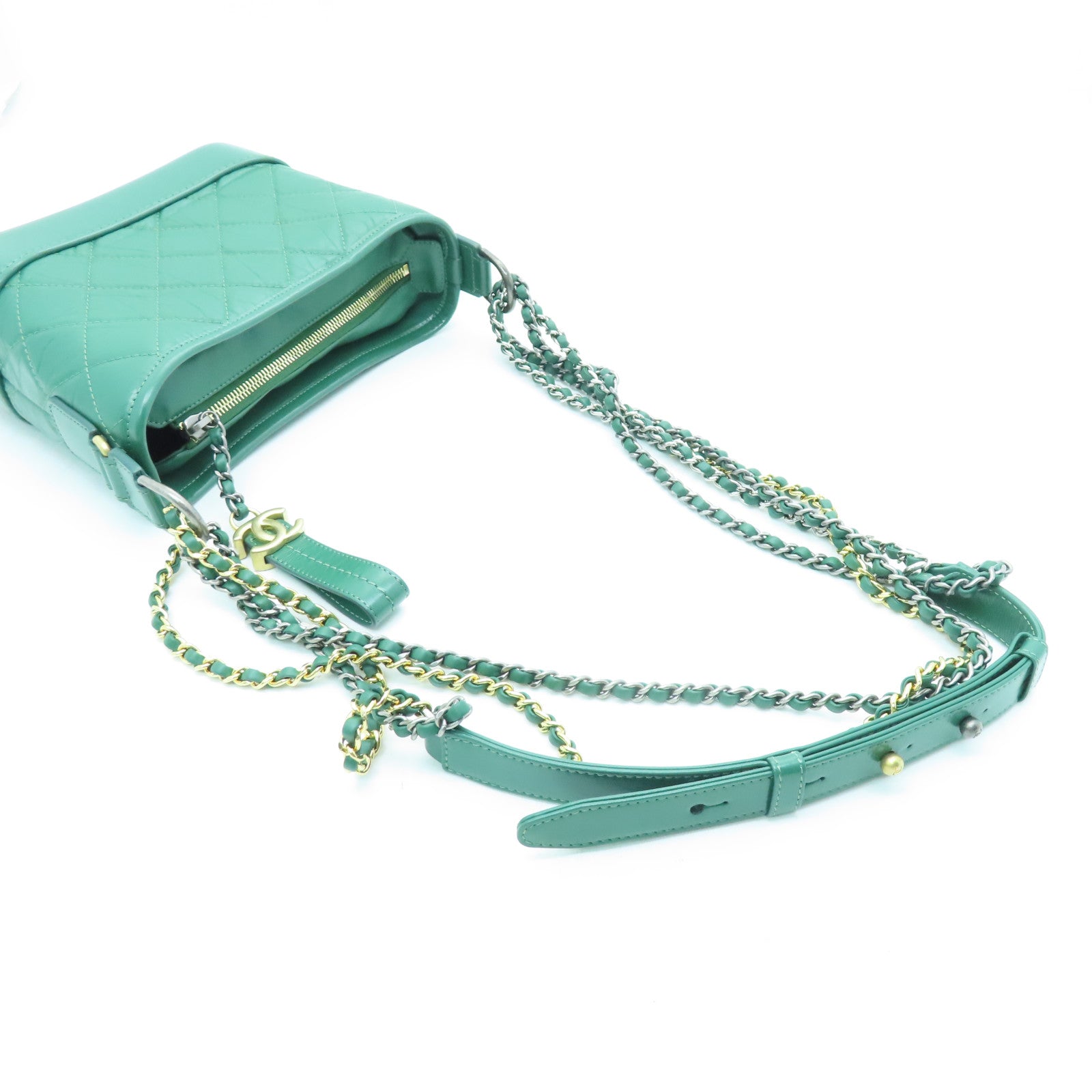 CHANEL 菱格Aged Calf皮革Small Gabrielle金银扣链带肩背袋绿色