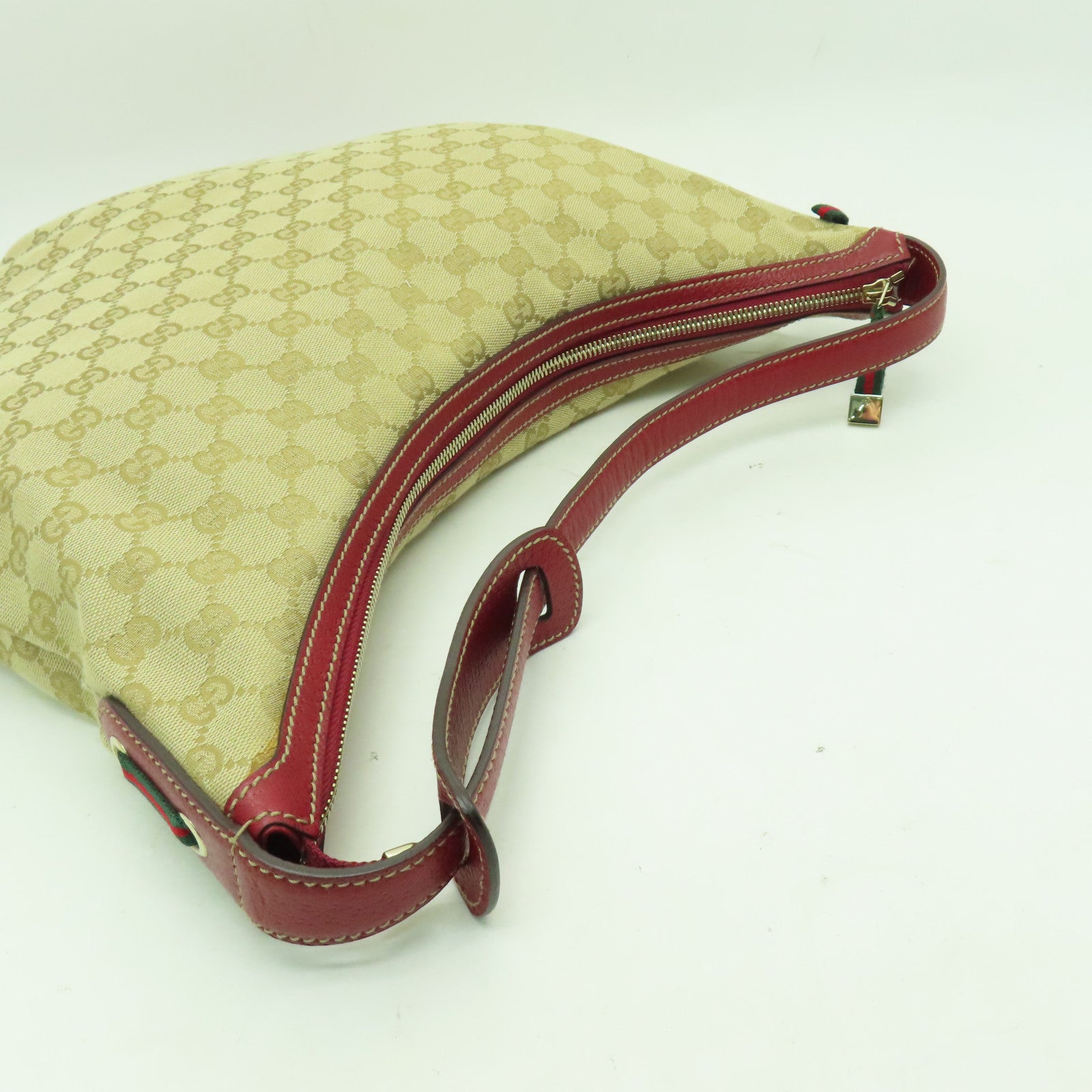 GUCCI 帆布Princy Hobo GG金扣肩背袋米色/紅色