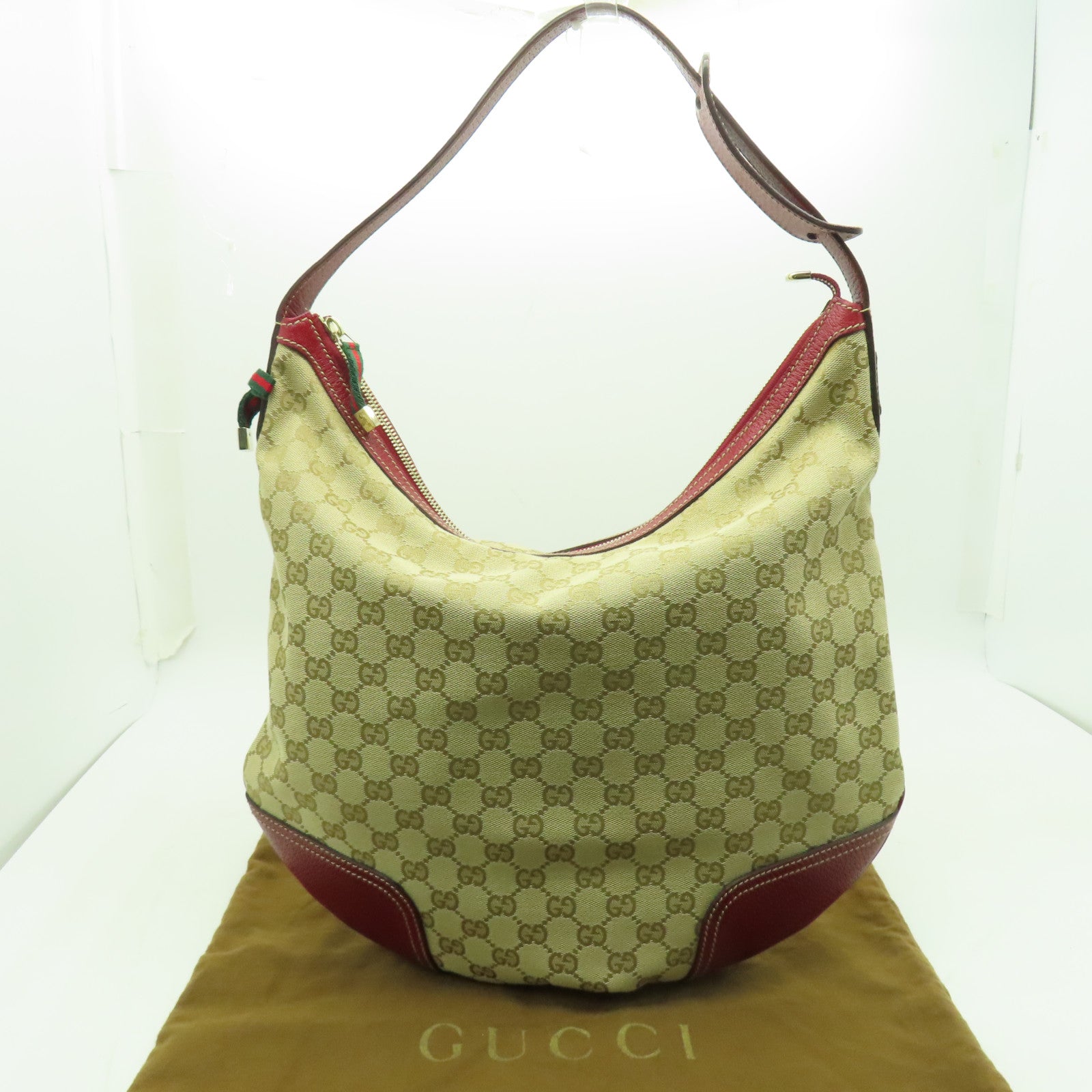 GUCCI 帆布Princy Hobo GG金扣肩背袋米色/紅色