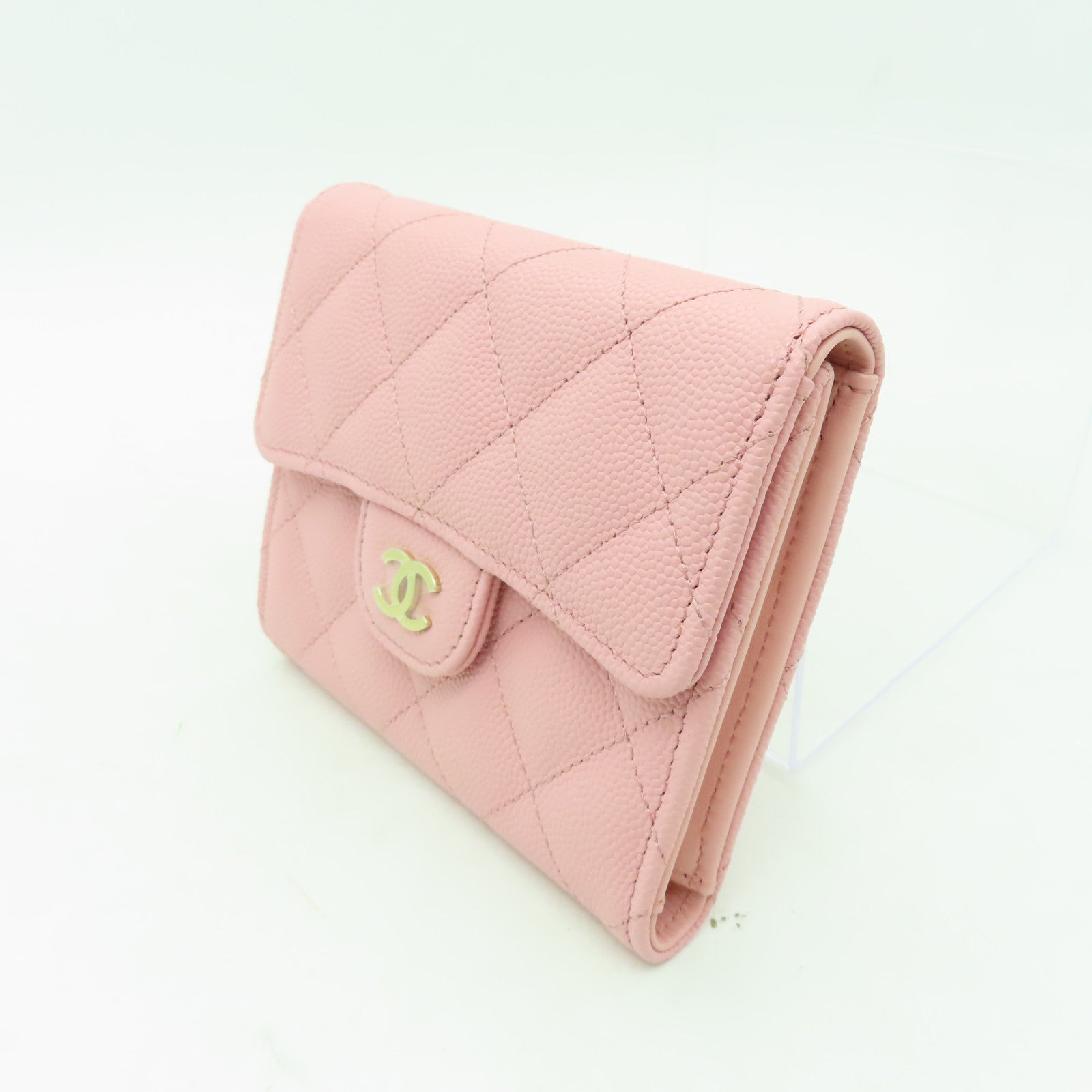 CHANEL Caviar皮革Wallet金扣錢包粉紅色