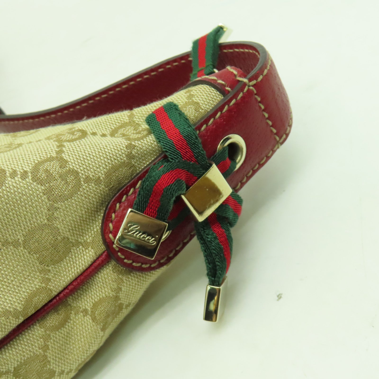 GUCCI 帆布Princy Hobo GG金扣肩背袋米色/紅色