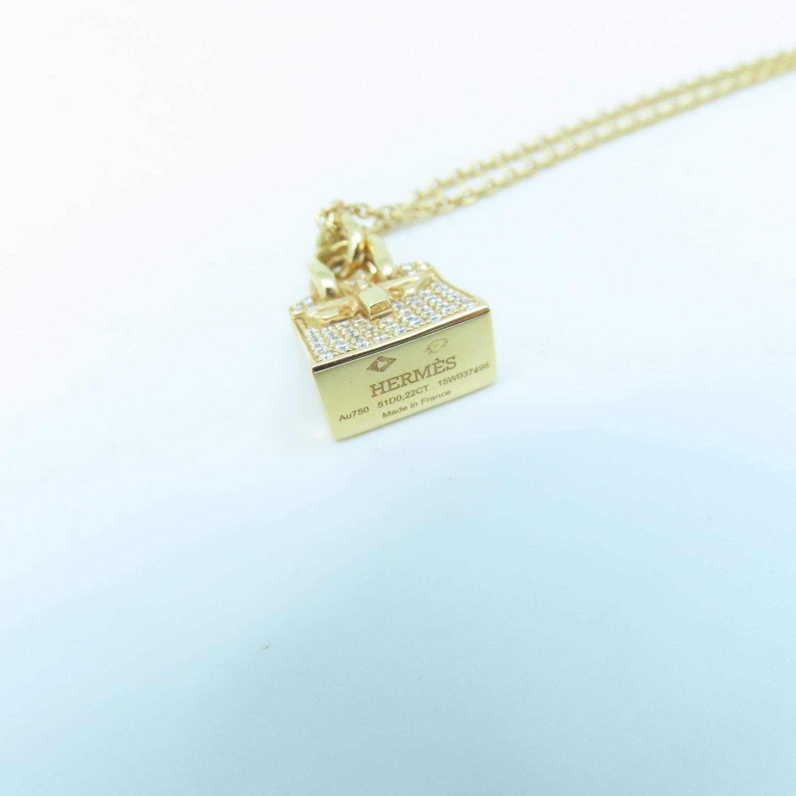 HERMES 18K Rose Gold Birkin Amulette Pendant 0.22ct Diamond Necklace