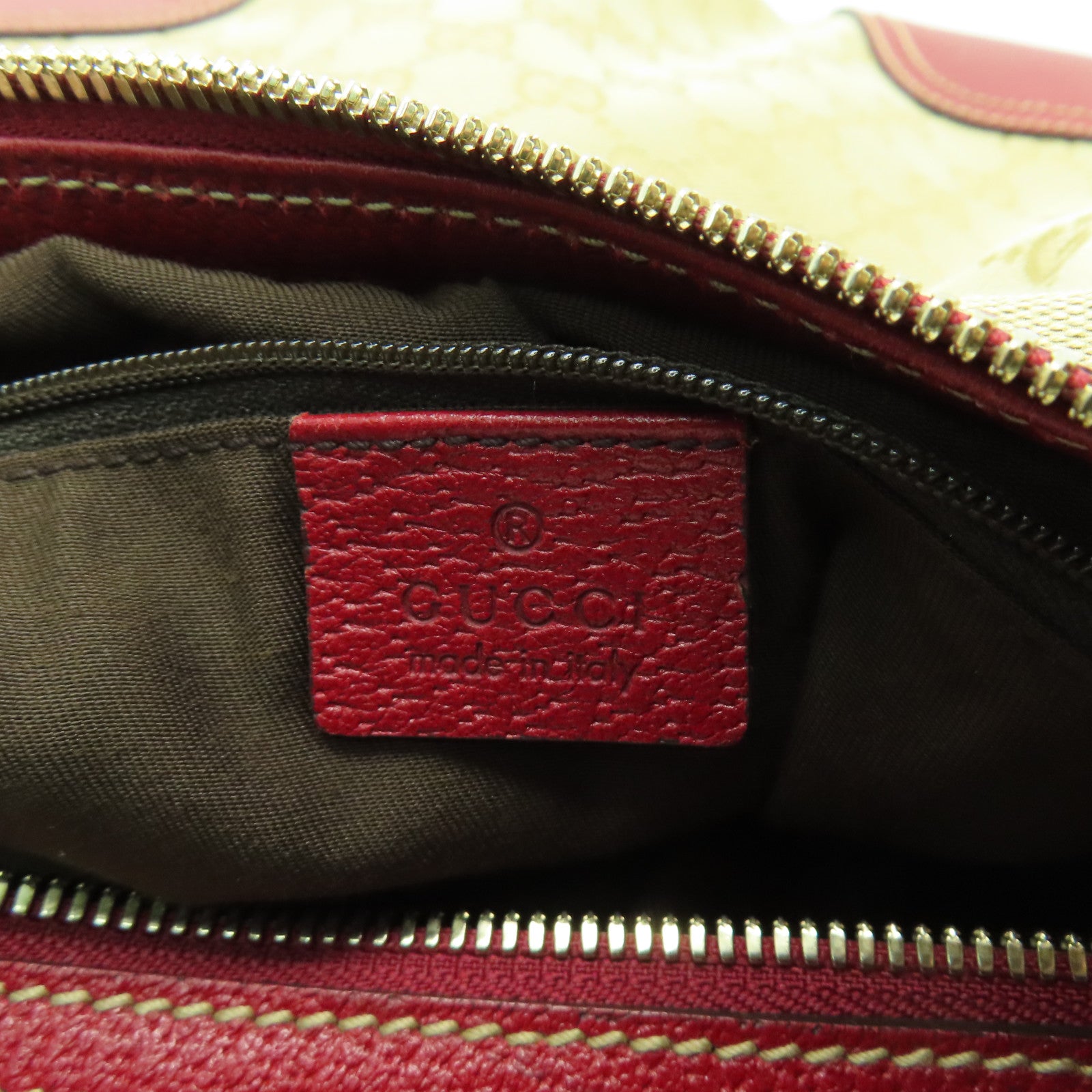 GUCCI 帆布Princy Hobo GG金扣肩背袋米色/紅色