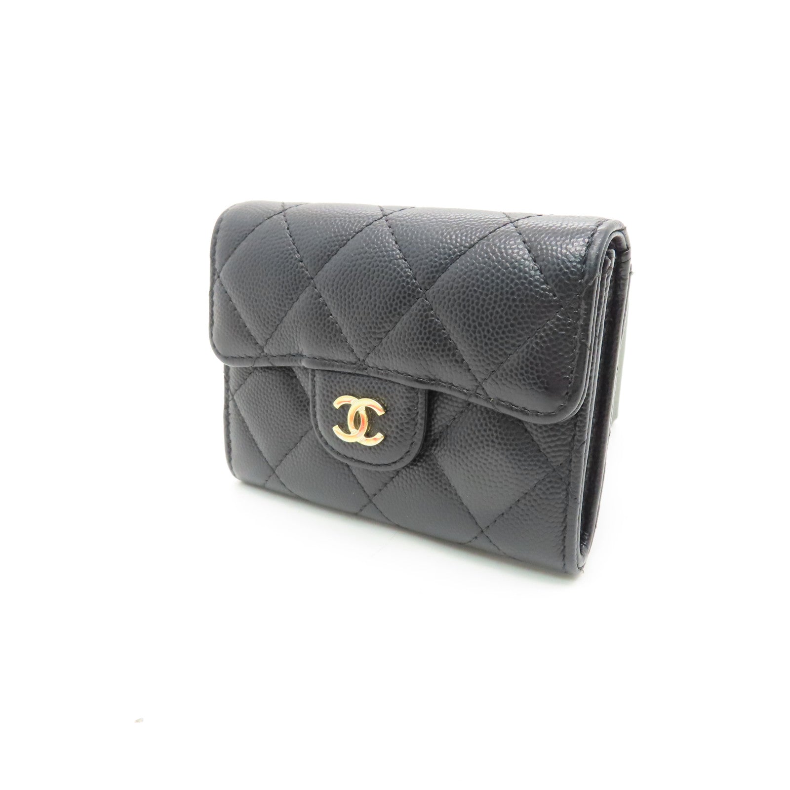 CHANEL rhombic cowhide leather Card Case gold buckle card bag black