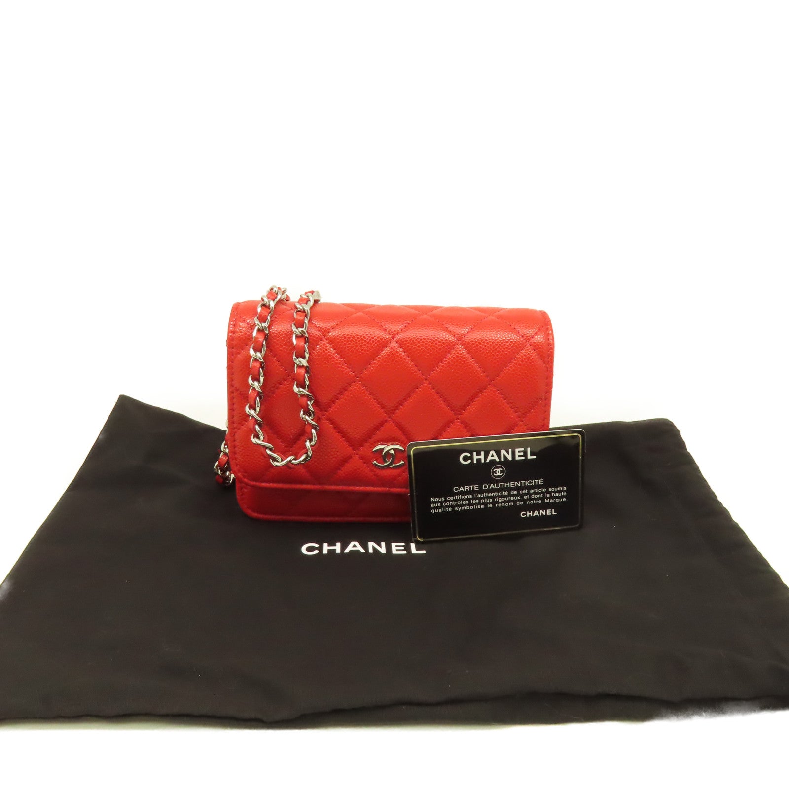 CHANEL 菱格Caviar皮革Wallet On Chain銀扣鏈帶肩背袋橙紅色