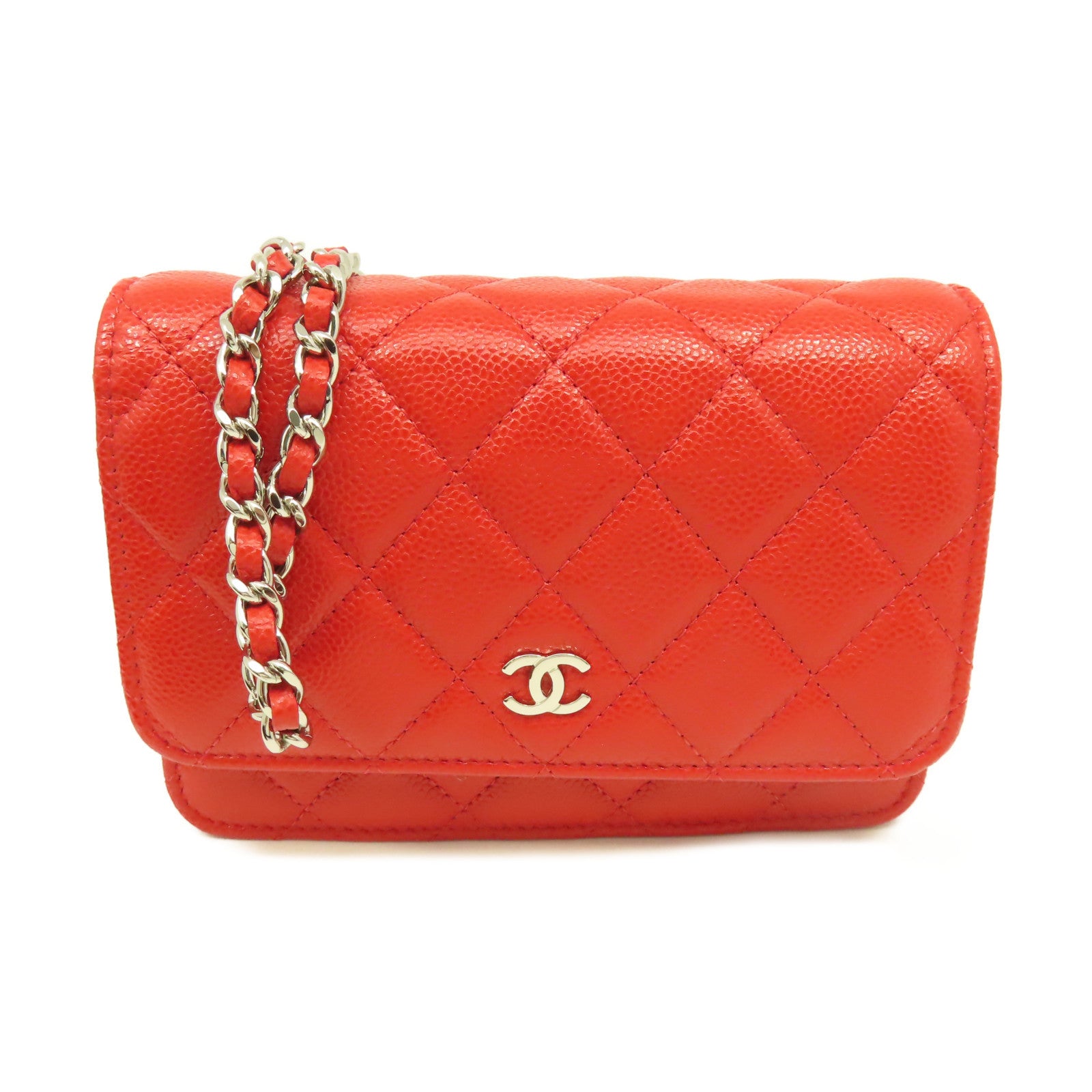 CHANEL 菱格Caviar皮革Wallet On Chain銀扣鏈帶肩背袋橙紅色