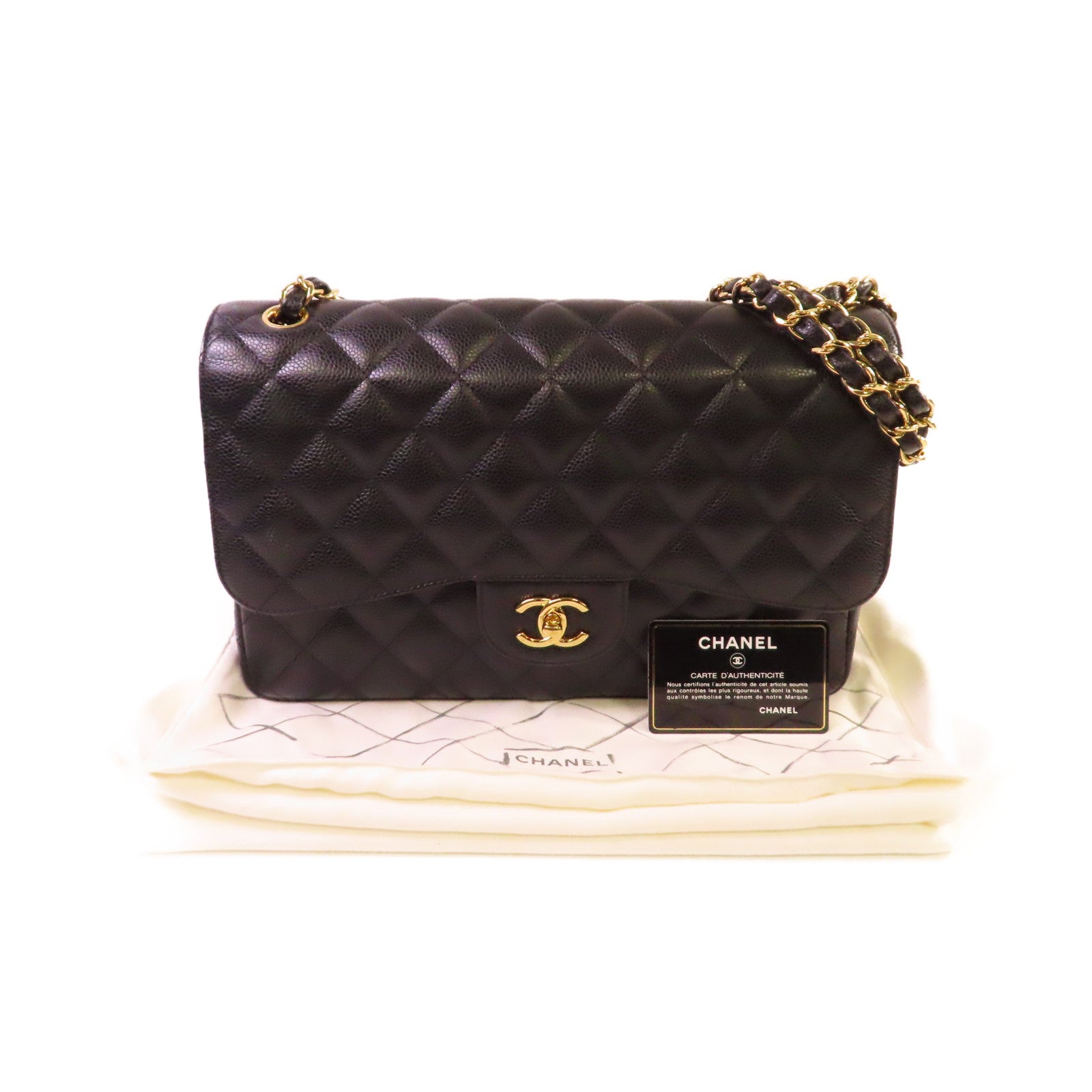 CHANEL 菱格Caviar皮革Jumbo 30 Chain Shoulder Bag金扣鏈帶肩背袋黑色
