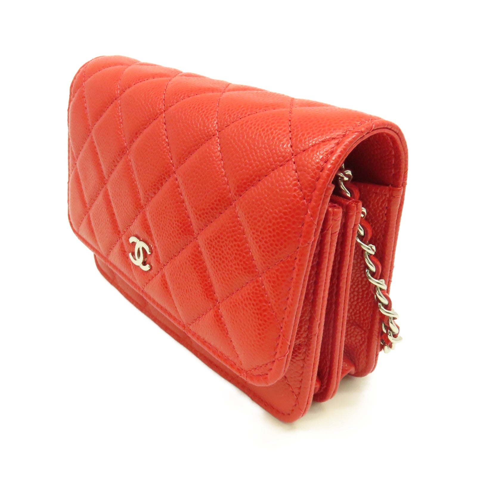 CHANEL 菱格Caviar皮革Wallet On Chain銀扣鏈帶肩背袋橙紅色