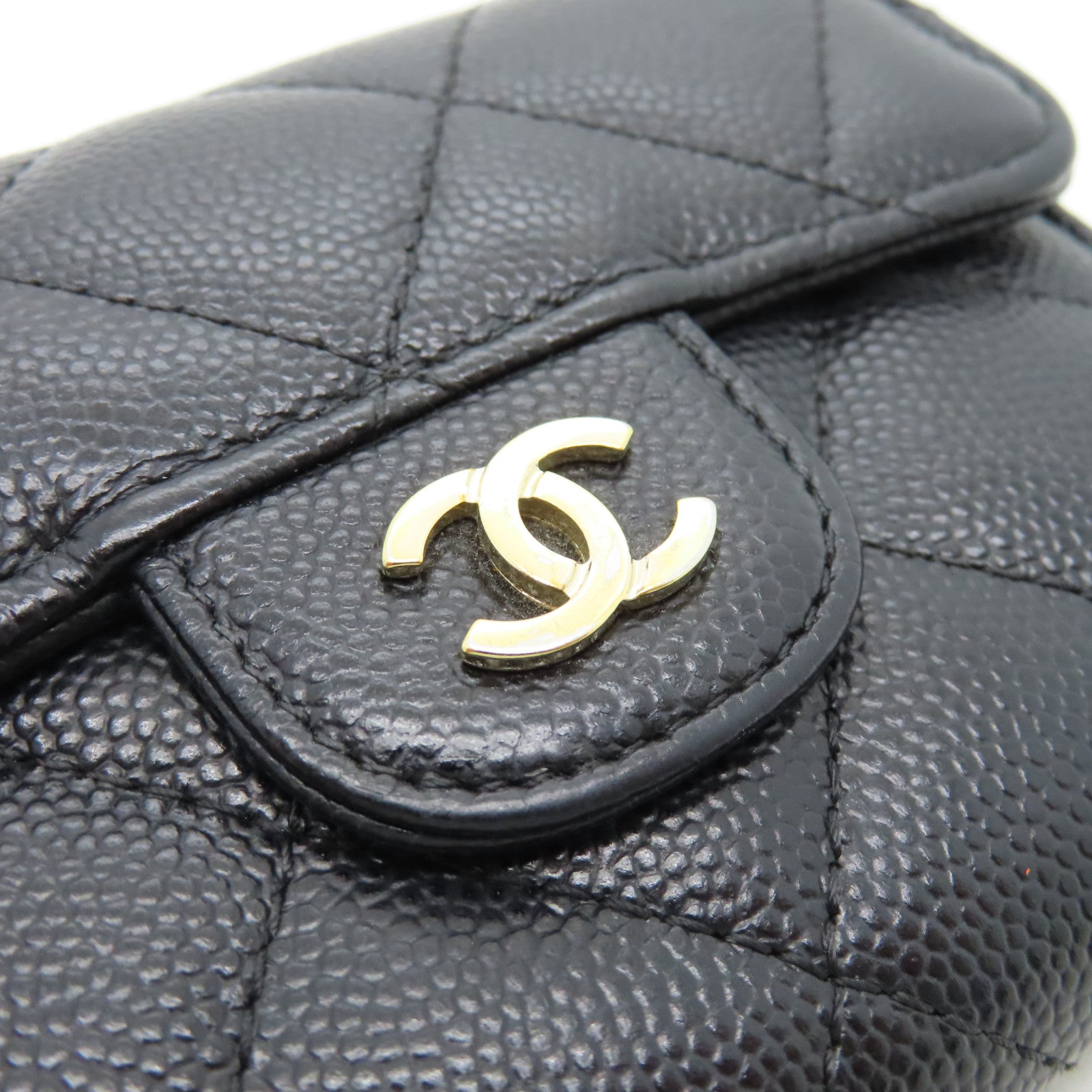 CHANEL rhombic cowhide leather Card Case gold buckle card bag black