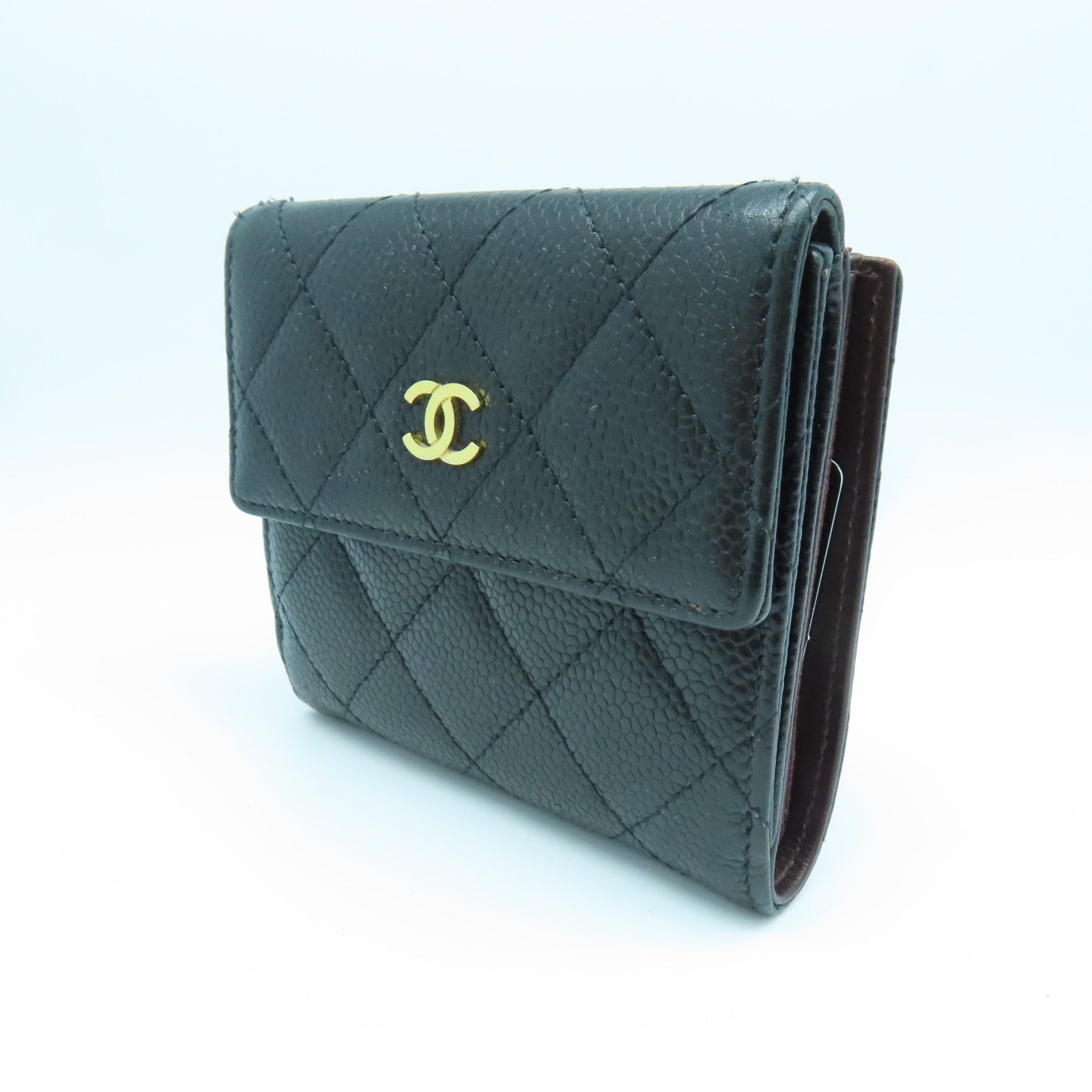 CHANEL 菱格Caviar皮革Wallet金扣錢包黑色