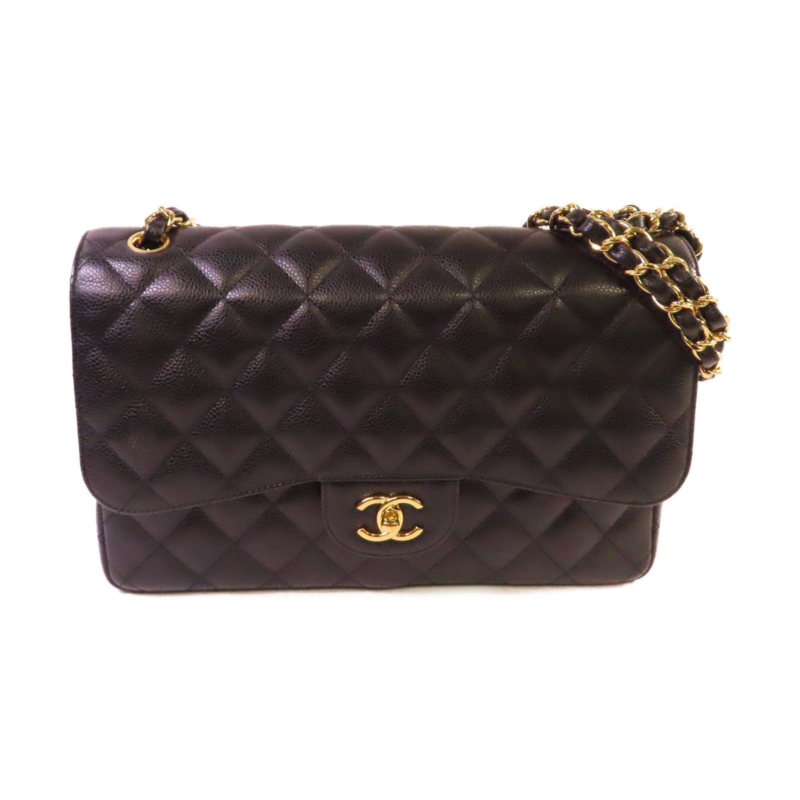 CHANEL 菱格Caviar皮革Jumbo 30 Chain Shoulder Bag金扣鏈帶肩背袋黑色