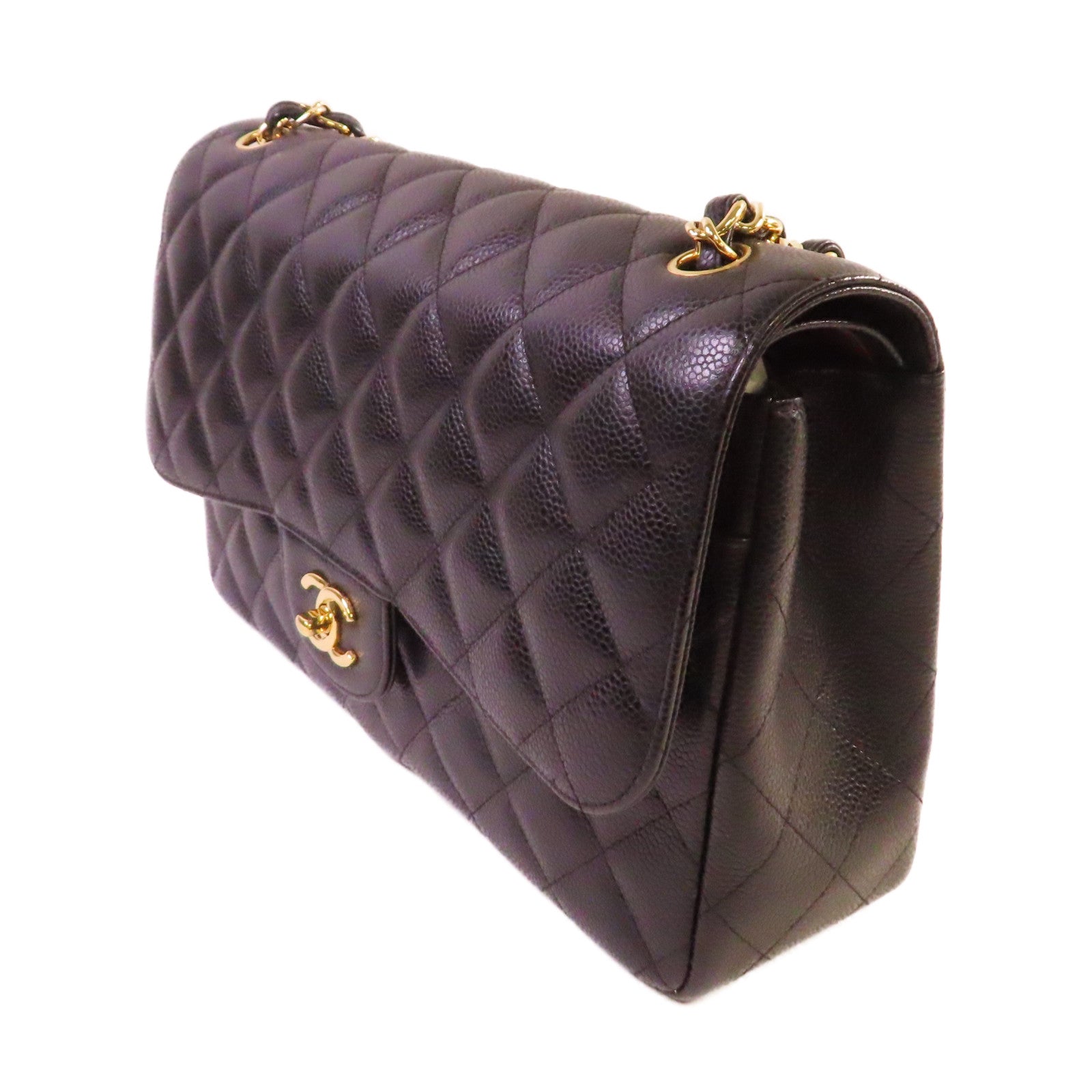 CHANEL 菱格Caviar皮革Jumbo 30 Chain Shoulder Bag金扣鏈帶肩背袋黑色