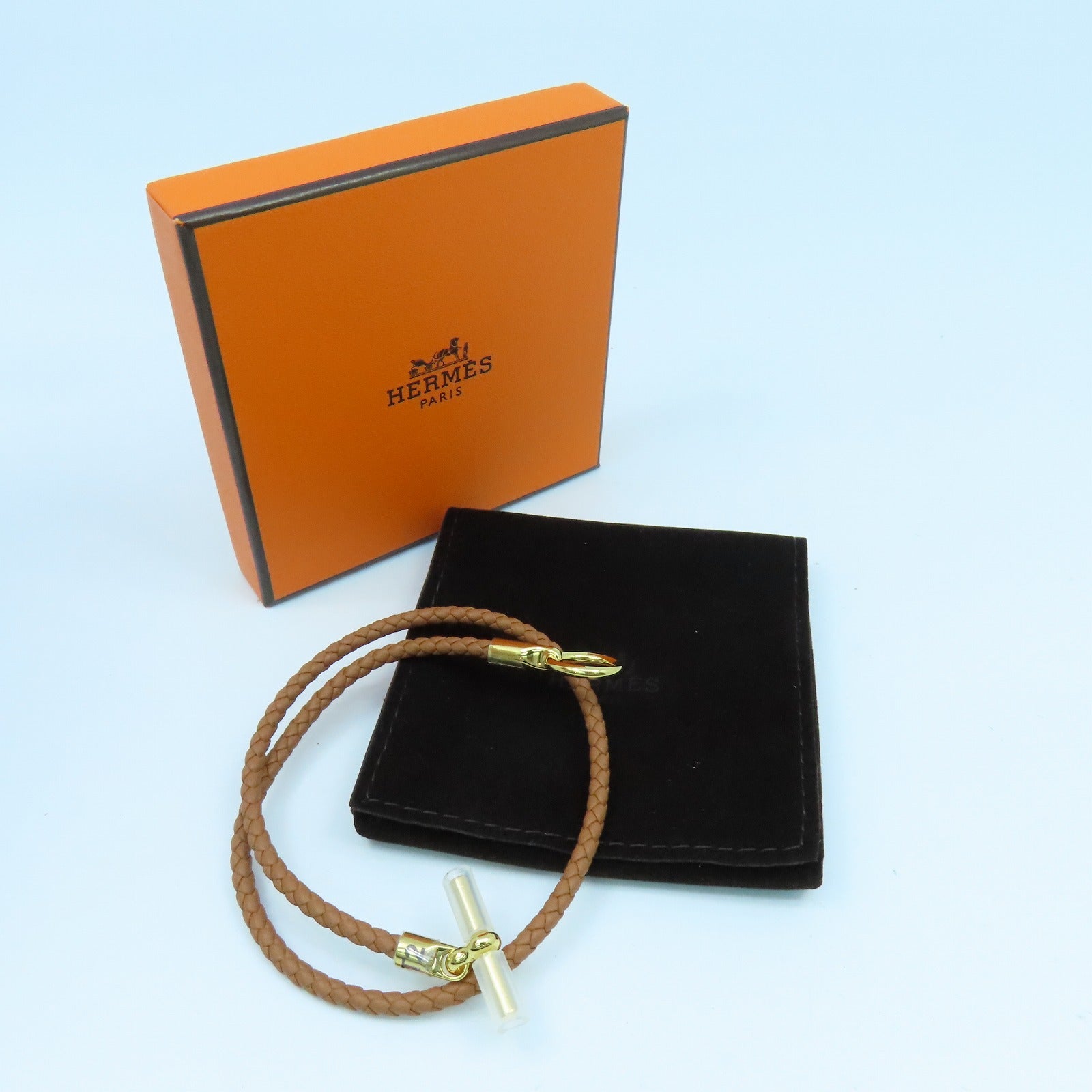 HERMES 牛皮皮革Double Tour金扣手链金色
