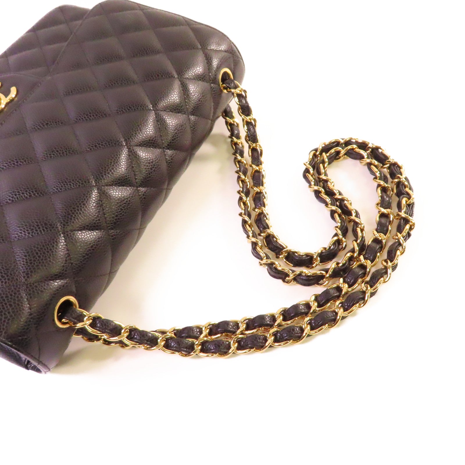 CHANEL 菱格Caviar皮革Jumbo 30 Chain Shoulder Bag金扣鏈帶肩背袋黑色